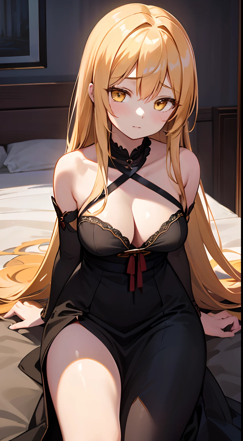 (The highest image quality), (Master's work), (Detailed description of the eyes), (Detailed description of the face), 1 girl, yellow eyes, Shiina Mahiru, yellow hair, (very long hair), very long hair, black evening dress, Like, face showered with Like, NSFW, Missionary Pov, sex, missionary, visible shoulders, blushing, cleavage, big breast, bed, Indoor, bedroom, “Woman, front, shy, expression, scene, Calling attention, modern, focus, realistic lighting, extreme blush, lustful