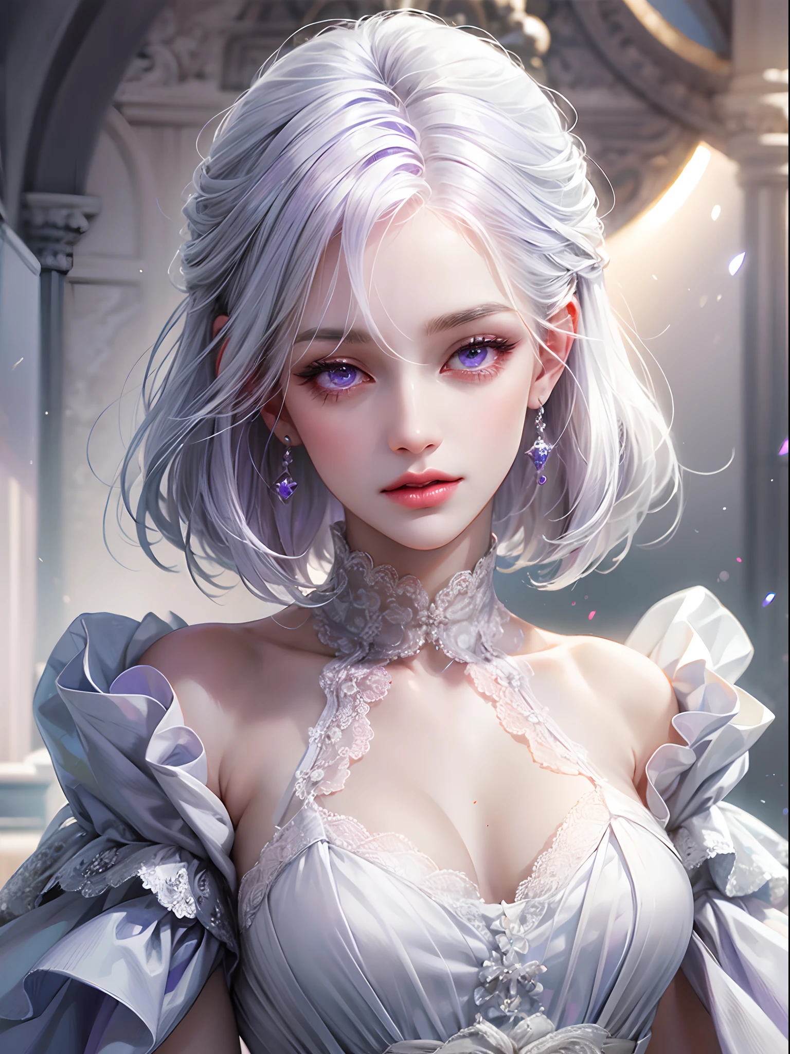 a women, white hair, purple eyes, white dress