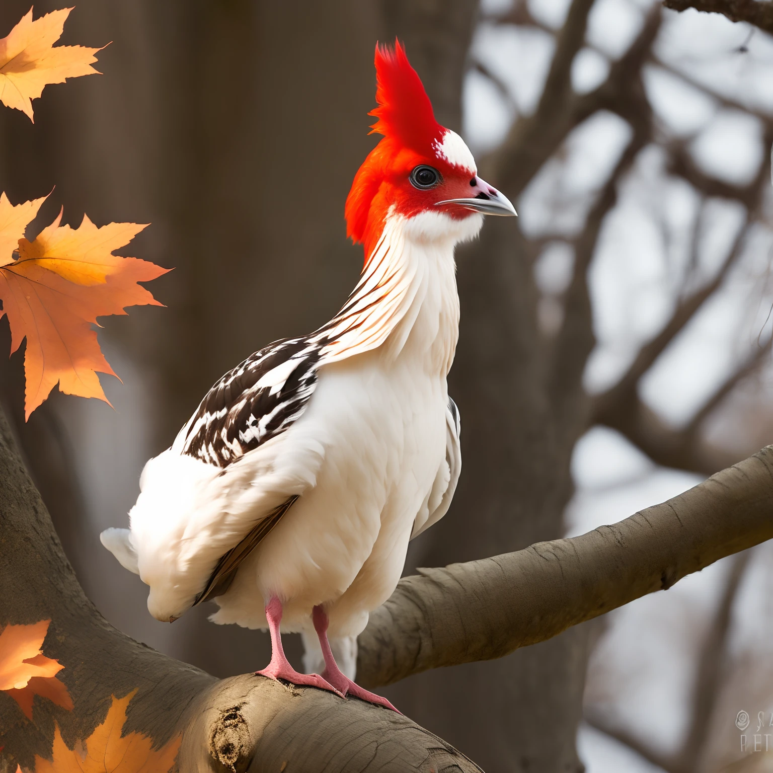 A beautiful bright red crested white-tailed bantam under a maple tree.