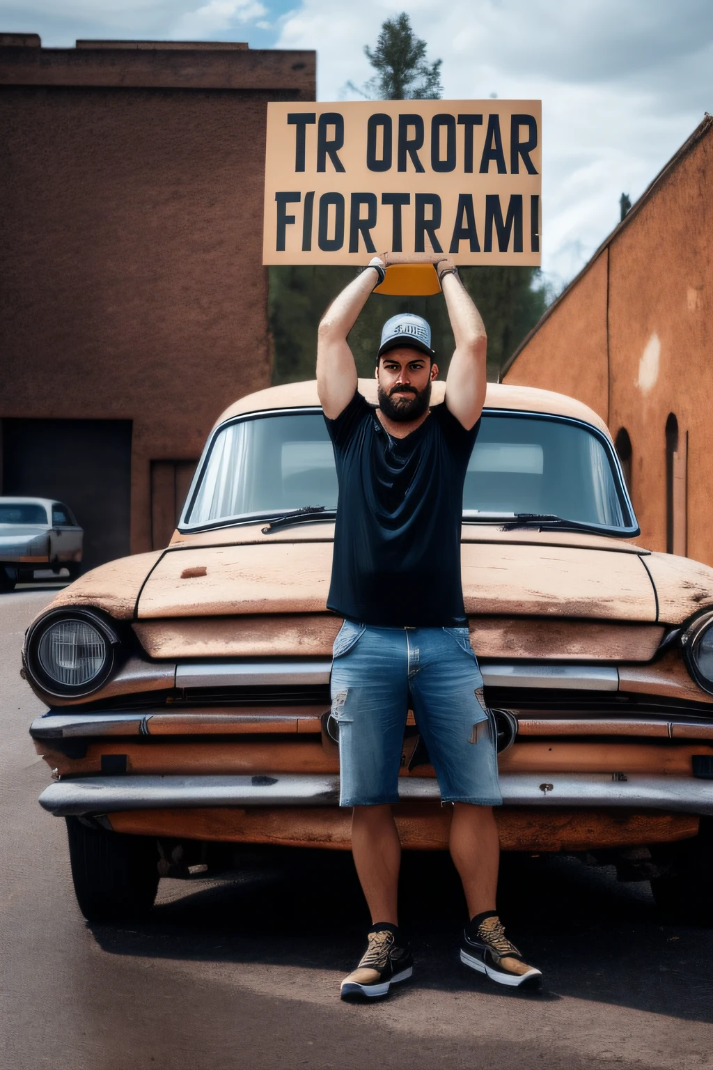 A man is holding a big sign of protest with his arms above his head, standing atop of an old italian rusty, lonely car on the side of the road photo realism, hyper detailed