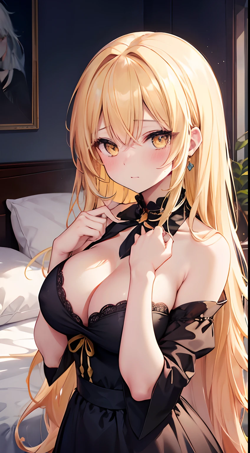 (The highest image quality), (Master's work), (Detailed description of the eyes), (Detailed description of the face), 1 girl, yellow eyes, Shiina Mahiru, yellow hair, (very long hair), very long hair, black evening dress, Like, face showered with Like, NSFW, Missionary Pov, sex, missionary, visible shoulders, blushing, cleavage, big breast, bed, Indoor, bedroom, “Woman, front, shy, expression, scene, Calling attention, modern, focus, realistic lighting, extreme blush, lustful