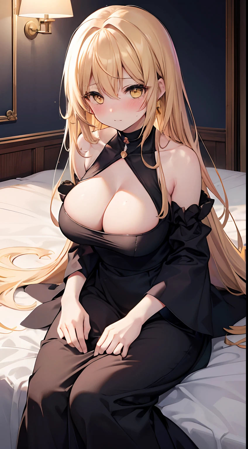 (The highest image quality), (Master's work), (Detailed description of the eyes), (Detailed description of the face), 1 girl, yellow eyes, Shiina Mahiru, yellow hair, (very long hair), very long hair, black evening dress, Like, face showered with Like, NSFW, Missionary Pov, sex, missionary, visible shoulders, blushing, cleavage, big breast, bed, Indoor, bedroom, “Woman, front, shy, expression, scene, Calling attention, modern, focus, realistic lighting, extreme blush, lustful
