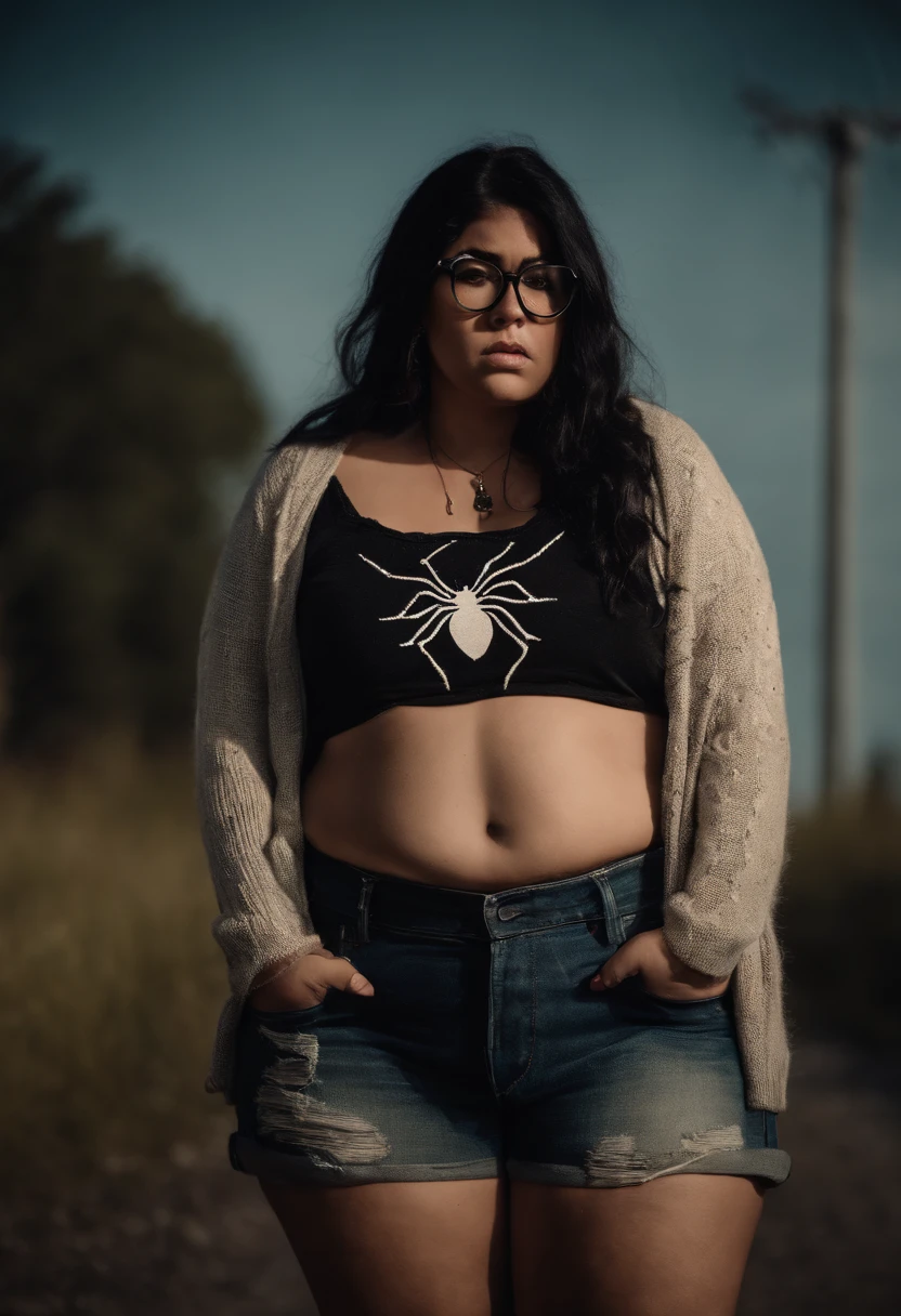 Super morbidly obese sweaty out of breath girl with black hair glasses and a small spider tattoo on her stomach in a too small sweater and ripped stained jean shorts