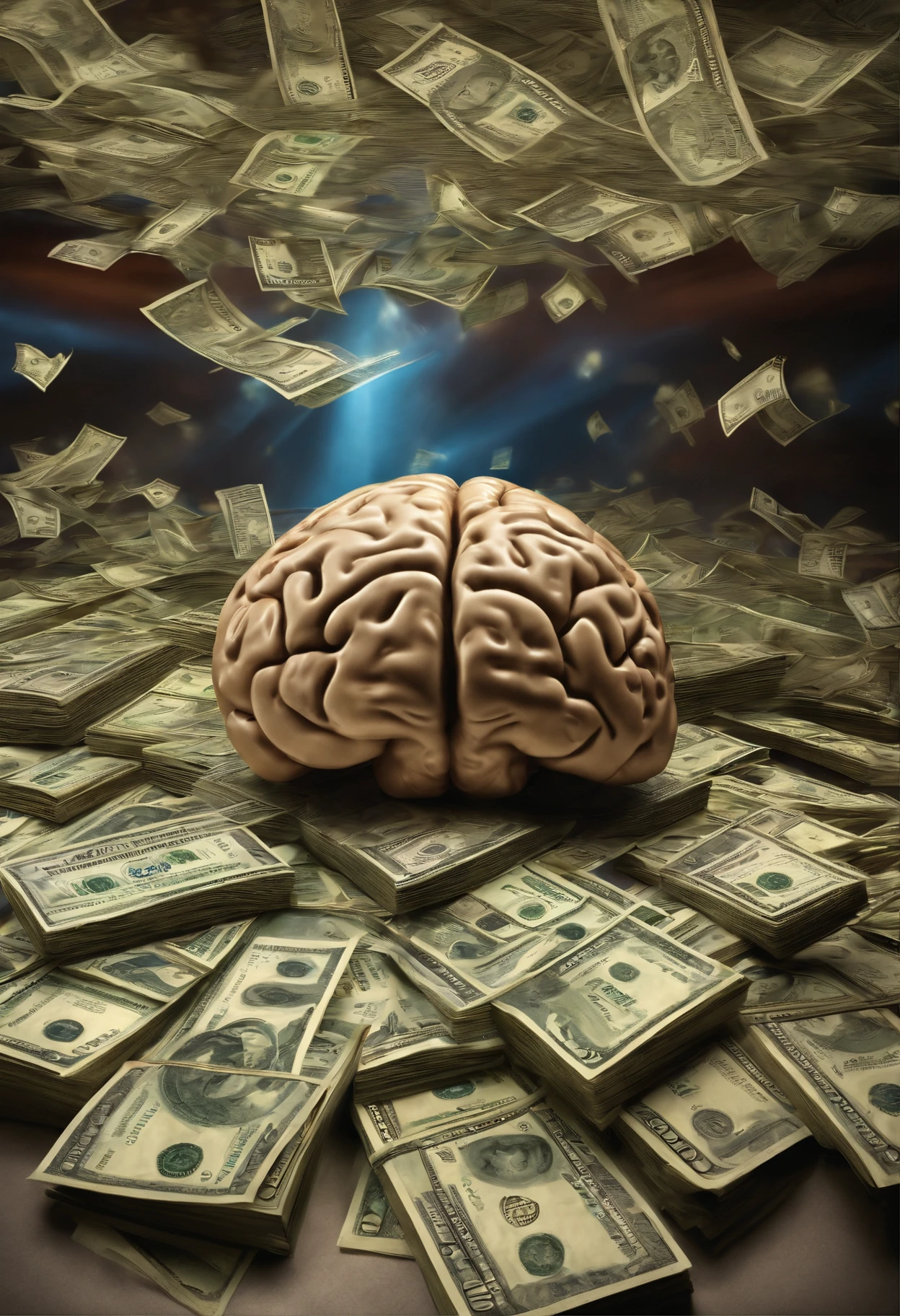 human brain attracting with small rays a lot of 100 dollar bills around it