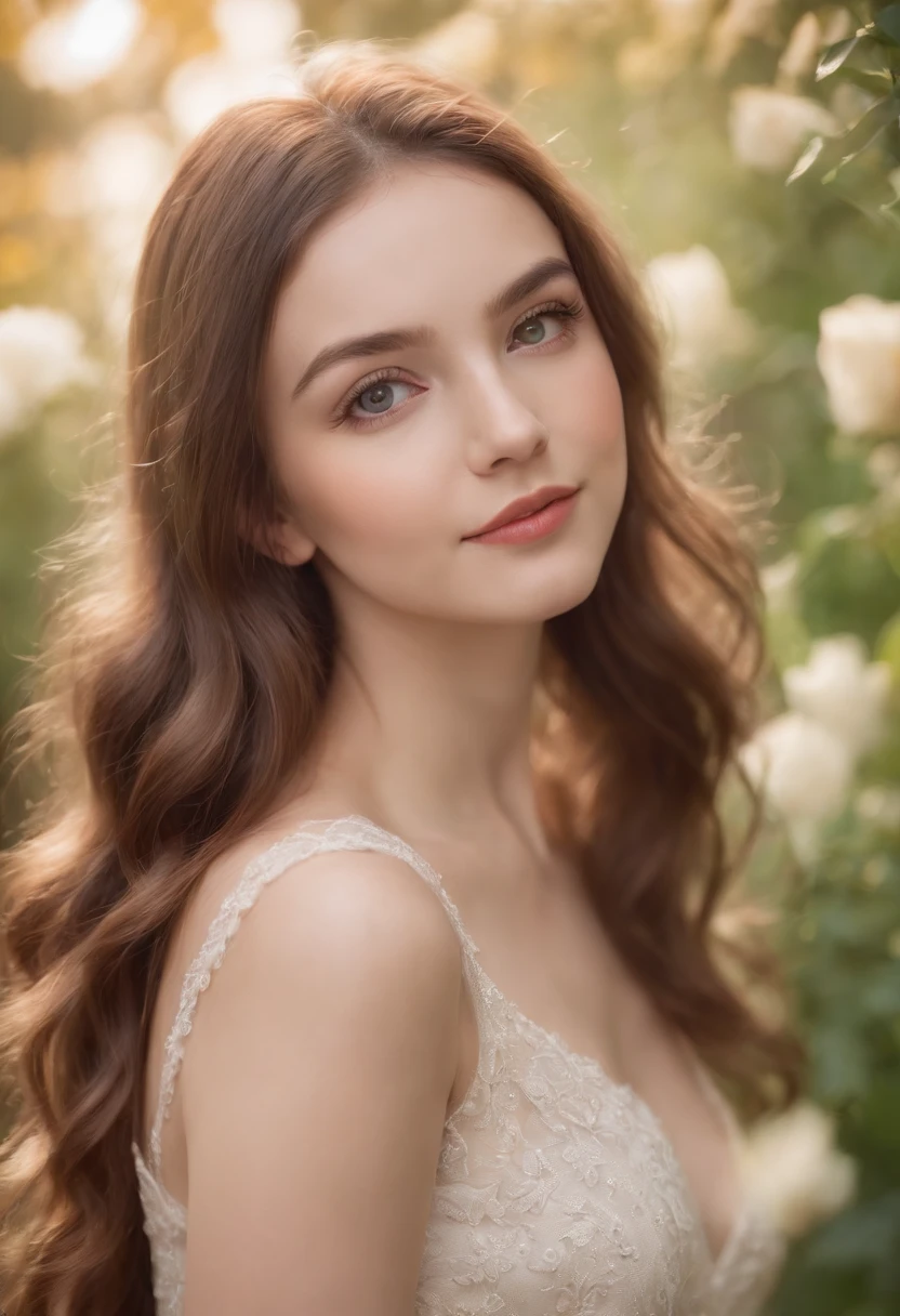beautiful girl, detailed eyes and face, long eyelashes, soft skin, flowing long hair, elegant dress, confident smile, sunlit garden background, vibrant colors, natural lighting, oil painting medium, ultra-detailed, high resolution, photorealistic