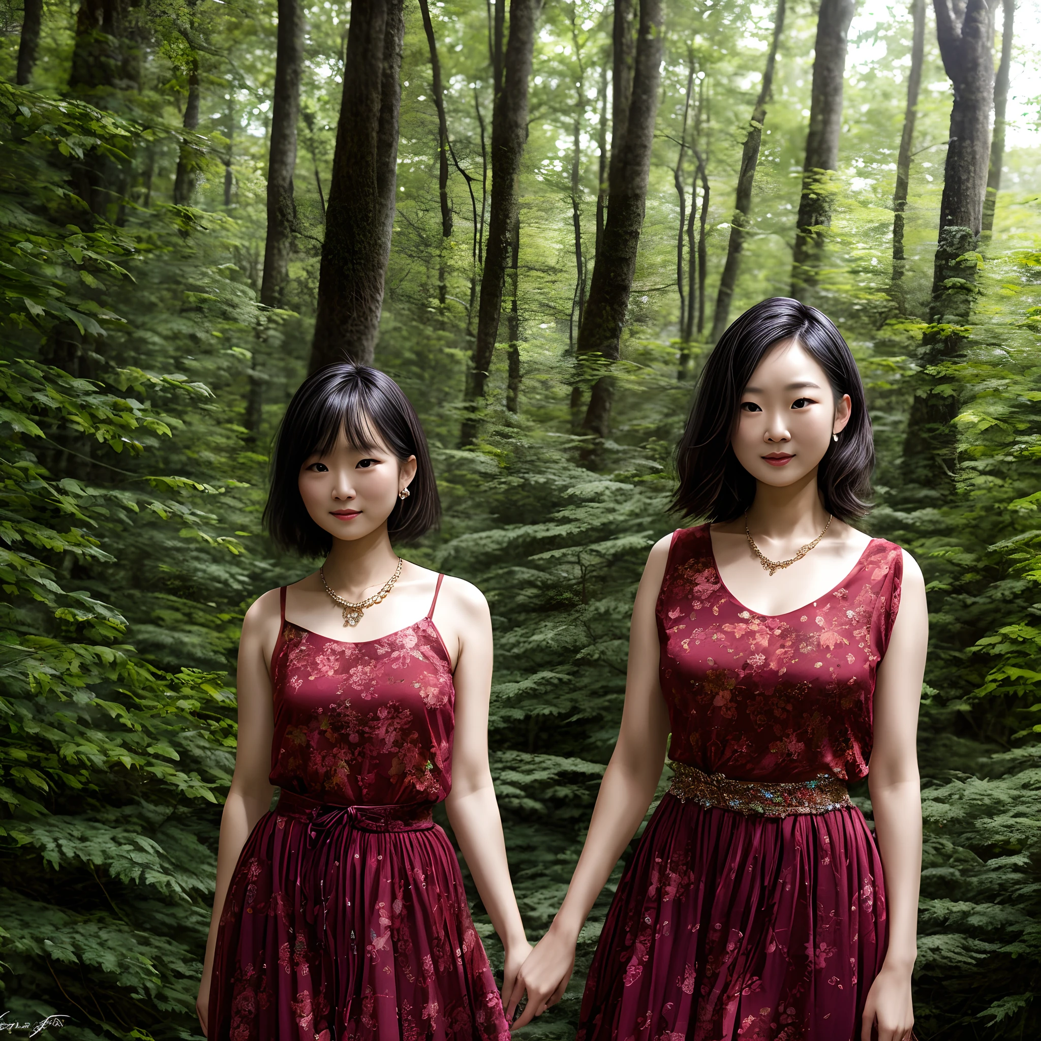 femele A dark-haired lanthanum The background is the forest hightquality masterpiece skirt by the brooch