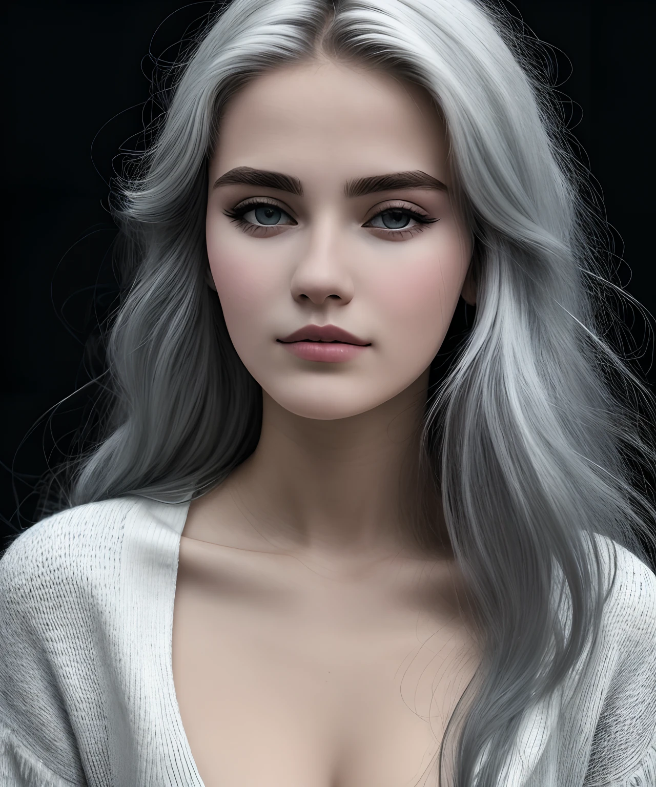 Mulher norueguesa, 25 anos, cabelo branco reluzente, roupas de modelo, olhos azuis, olhar malvado