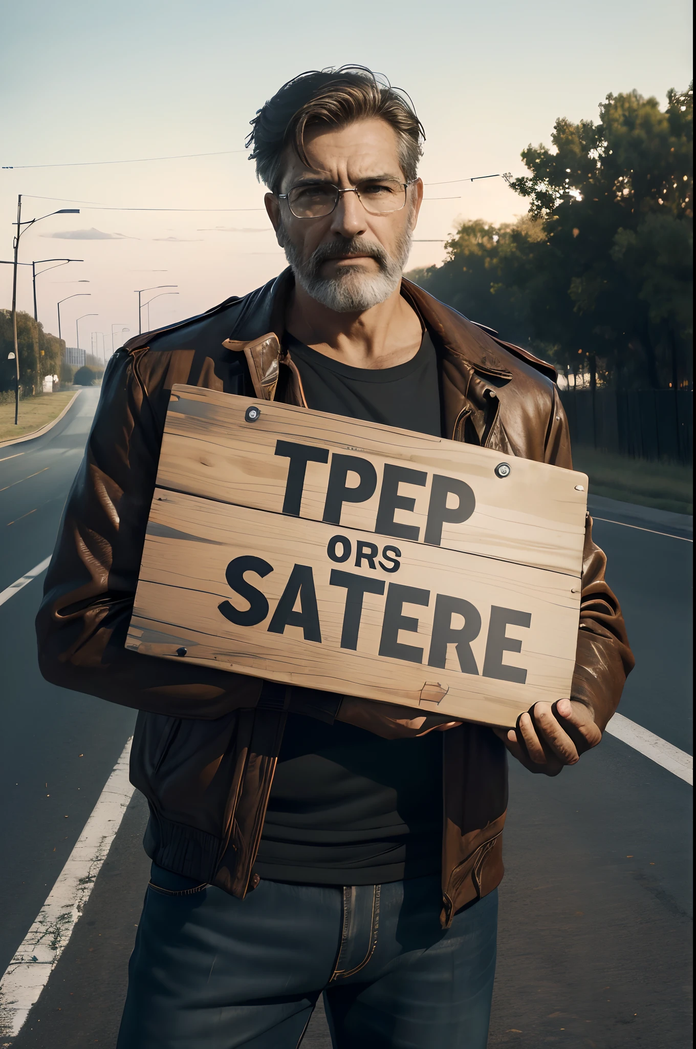 (a man),(protesting,protest sign:1.1),(sign:1.1),(holding:1.1),(arms above his head),(old rusty car),(lonely car:0.9),(side of the road),(high-res,realistic:1.2),(hyper-detailed),(photo-realistic:1.37)