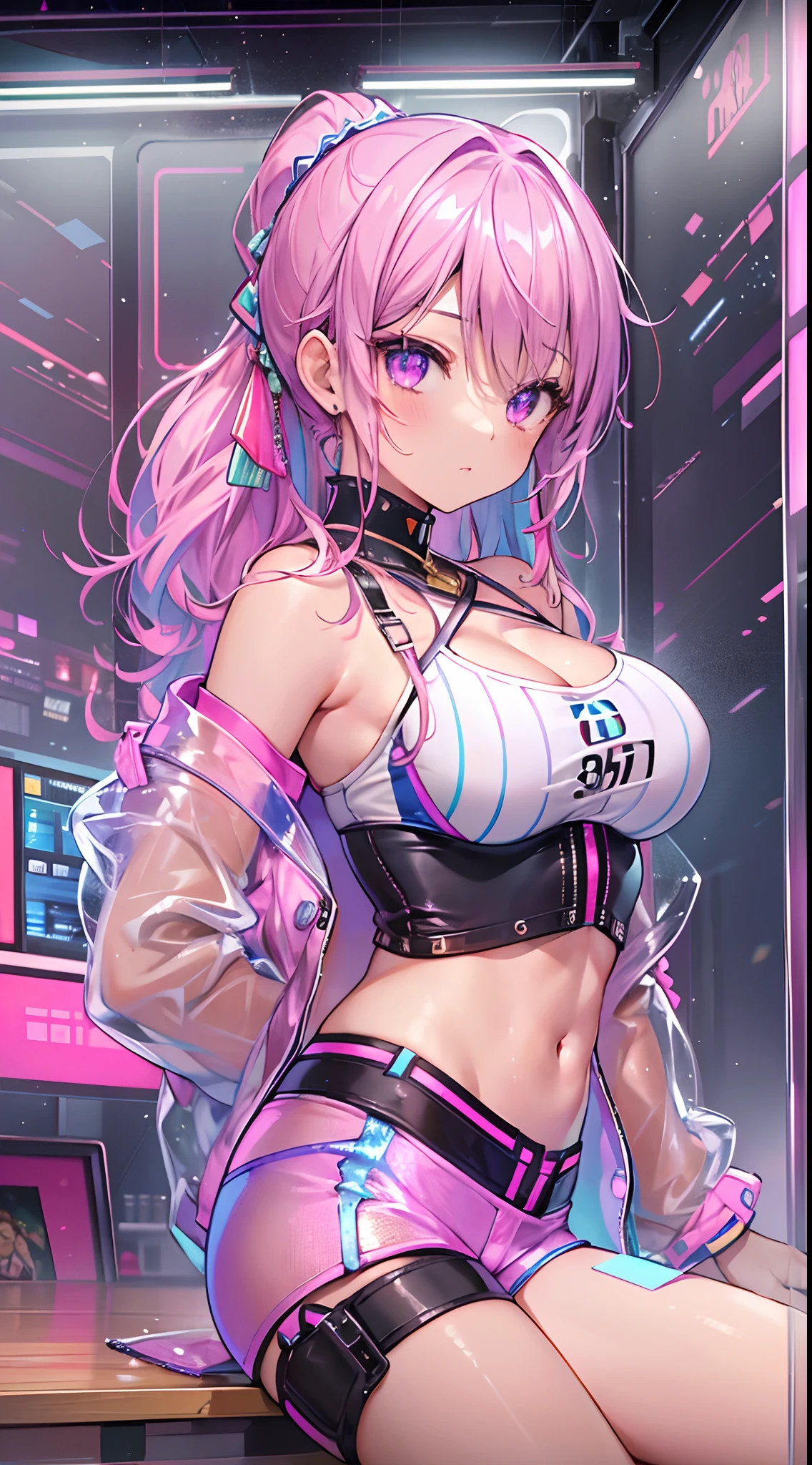 ((Masterpiece)), best quality, absurderes, ultra detailed, holographic, cowboy shot, golden ratio, super cute girl, mature girl, idol girl, super beautiful asian girl with very beautiful violet glowing eyes, beautiful glowing brown multicolored hair, high ponytail, nice and sexy body, slim body, perfect body, an anime printed super tight off shoulder long sleeve crop top, a super aesthetic transparent mini jacket, beautiful hair ornament, pink jordan tennis, being photographed in a mall shop, undressing, showing neon pink panties, showing thong, shorts pulled down,