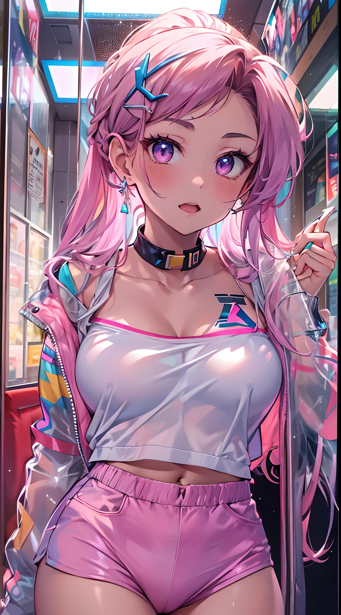 ((Masterpiece)), best quality, absurderes, ultra detailed, holographic, cowboy shot, golden ratio, super cute girl, mature girl, idol girl, super beautiful asian girl with very beautiful violet glowing eyes, beautiful glowing brown multicolored hair, high ponytail, nice and sexy body, slim body, perfect body, an anime printed super tight off shoulder long sleeve crop top, a super aesthetic transparent mini jacket, beautiful hair ornament, pink jordan tennis, being photographed in a mall shop, undressing, showing neon pink panties, showing thong, shorts pulled down,