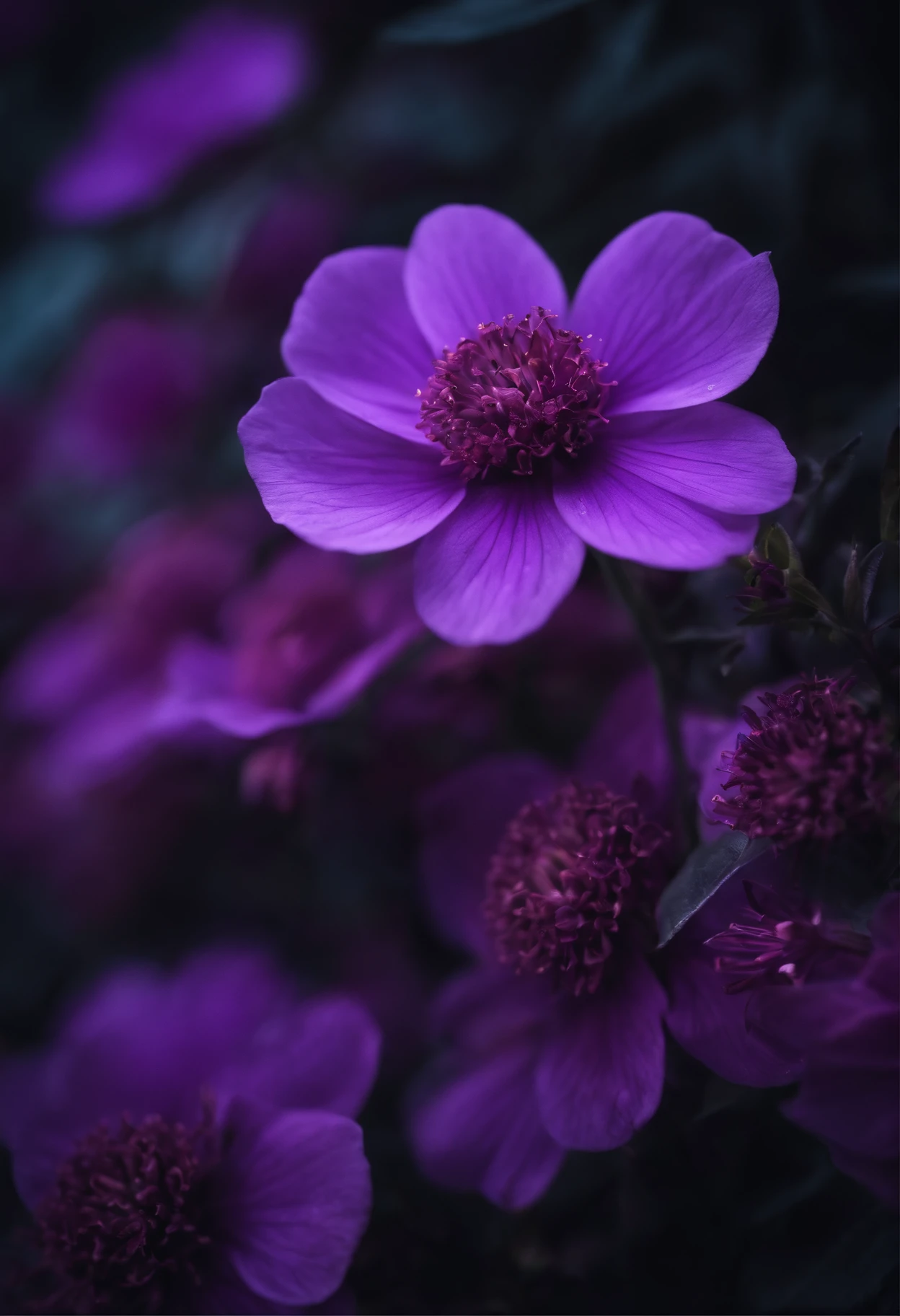 Very many purple flowers glow in the dark,Darkness is the majority,The flowers have fewer middles,More for four weeks