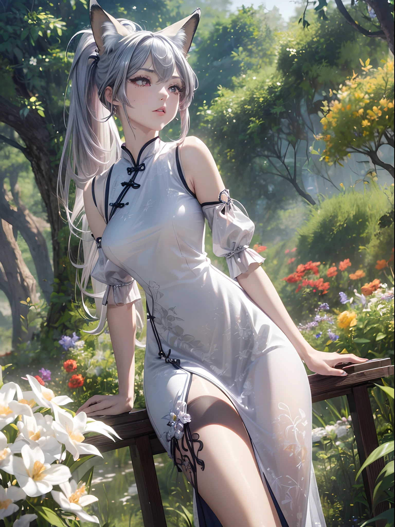 absurderes,(masterpiece、top-quality、8K ),intricate detailes,ultra-detailliert、1 beautiful pale woman,(silber hair:1.2),((fox ear:1.3)),Long ponytail,Mega Ponytail,(qipao dress:1.3),thighs thighs thighs thighs、long eyelashes,(Beautiful and detailed eyes),Glossy lips,Sunlight,(sexy pose:1.2),Hyper realistic,Perfect Anatomy