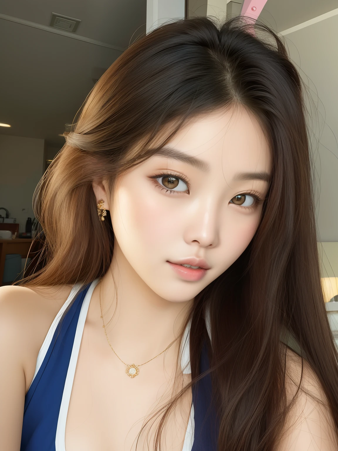 There is a woman with long hair wearing a blue top, maquiagem sul-coreana popular, maquiagem coreana popular, jennie blackpink, Mulher sul-coreana bonita, Ulzzang, coreana, beautiful aesthetic face, Sakimichan, Rosto bonito das meninanesas, young cute wan asian face, linda mulher coreana jovem, mulher coreana jovem bonita, young adorable korean face