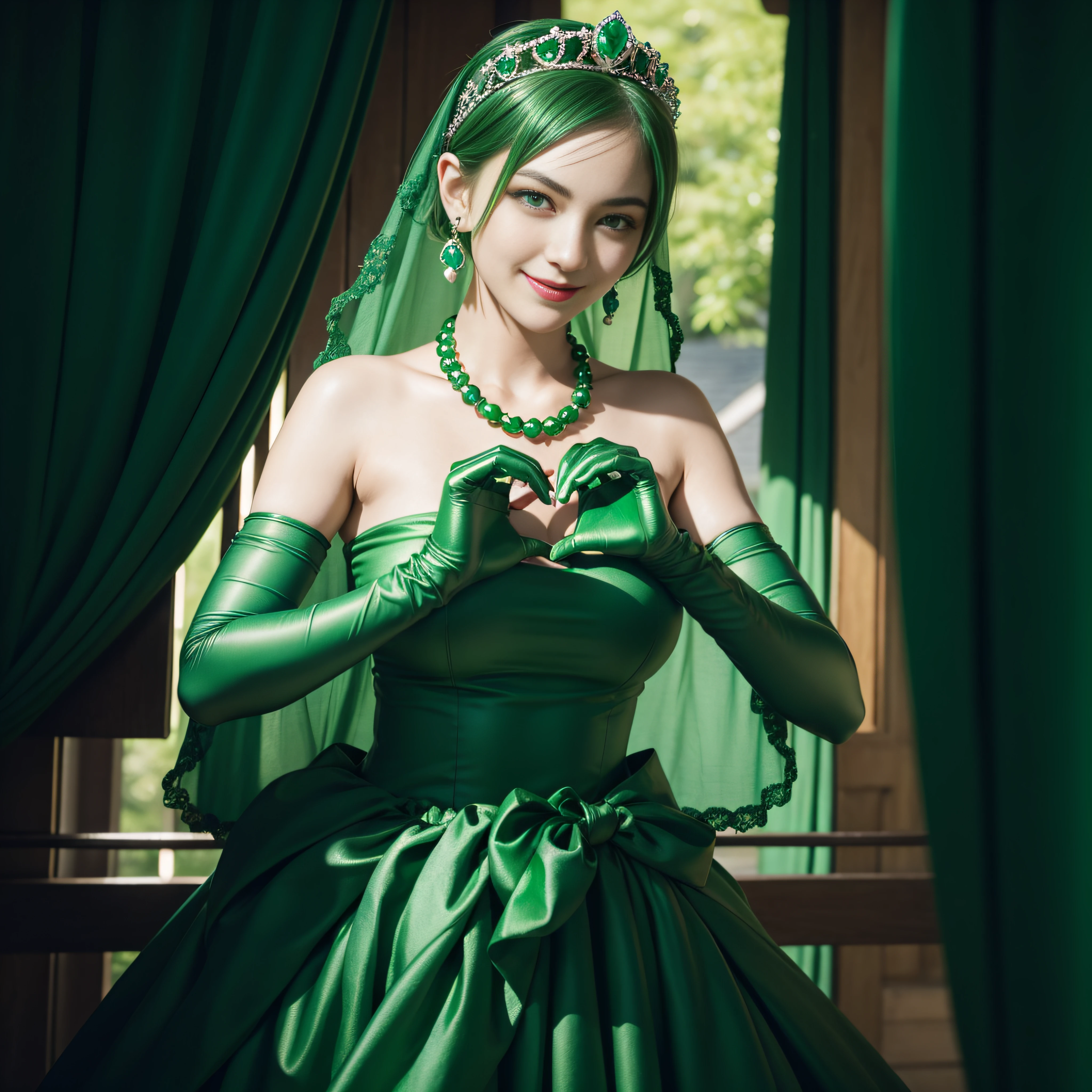 emerald tiara, Green Pearl Necklace, Boyish very short green hair, lipsticks, Japan woman smiling, very short short hair, big breasts beautiful, Green eyes, Long green gloves made of satin material, Green eyes, Emerald Earrings, green vale, Heart with both hands