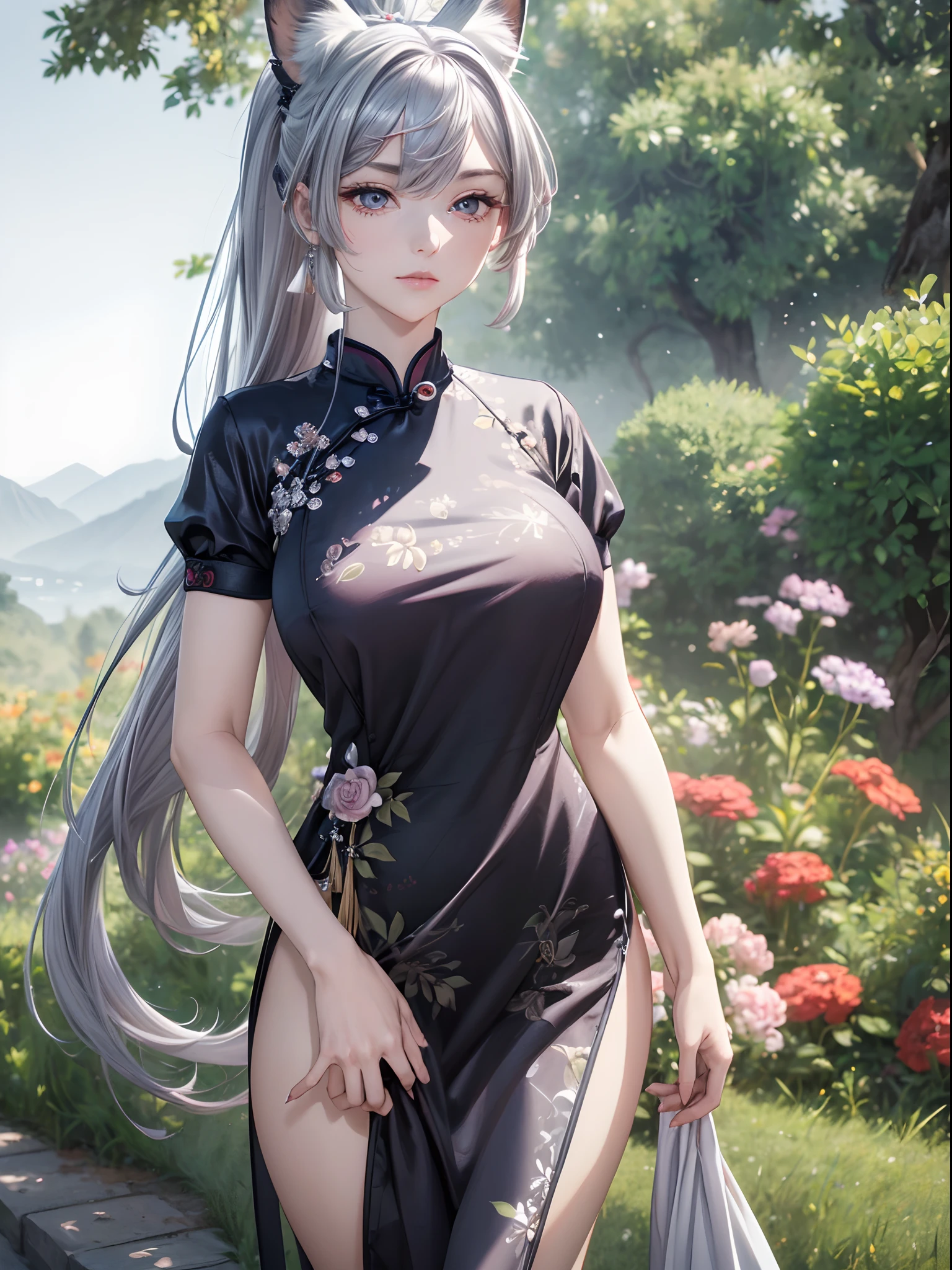 小さなgirl、Small breasts、The arrival of spring、Thick thighs、 (alone:1.5,)Very detailed,Bright colors, Very beautiful detailed anime faces and eyes, Look straight ahead, ;d, Shiny_skin,girl, ((Silver long hair,The inner color is red 、Forehead is exposed.、Green Eyes、Shiny hair, Delicate beautiful face, blush、(Turquoise Eyes), White skin, Valletta, Earrings,、blue flower field、(((Star pattern pink、Long China Clothing)))、White Long Hair、smile、smile、Face dyed red