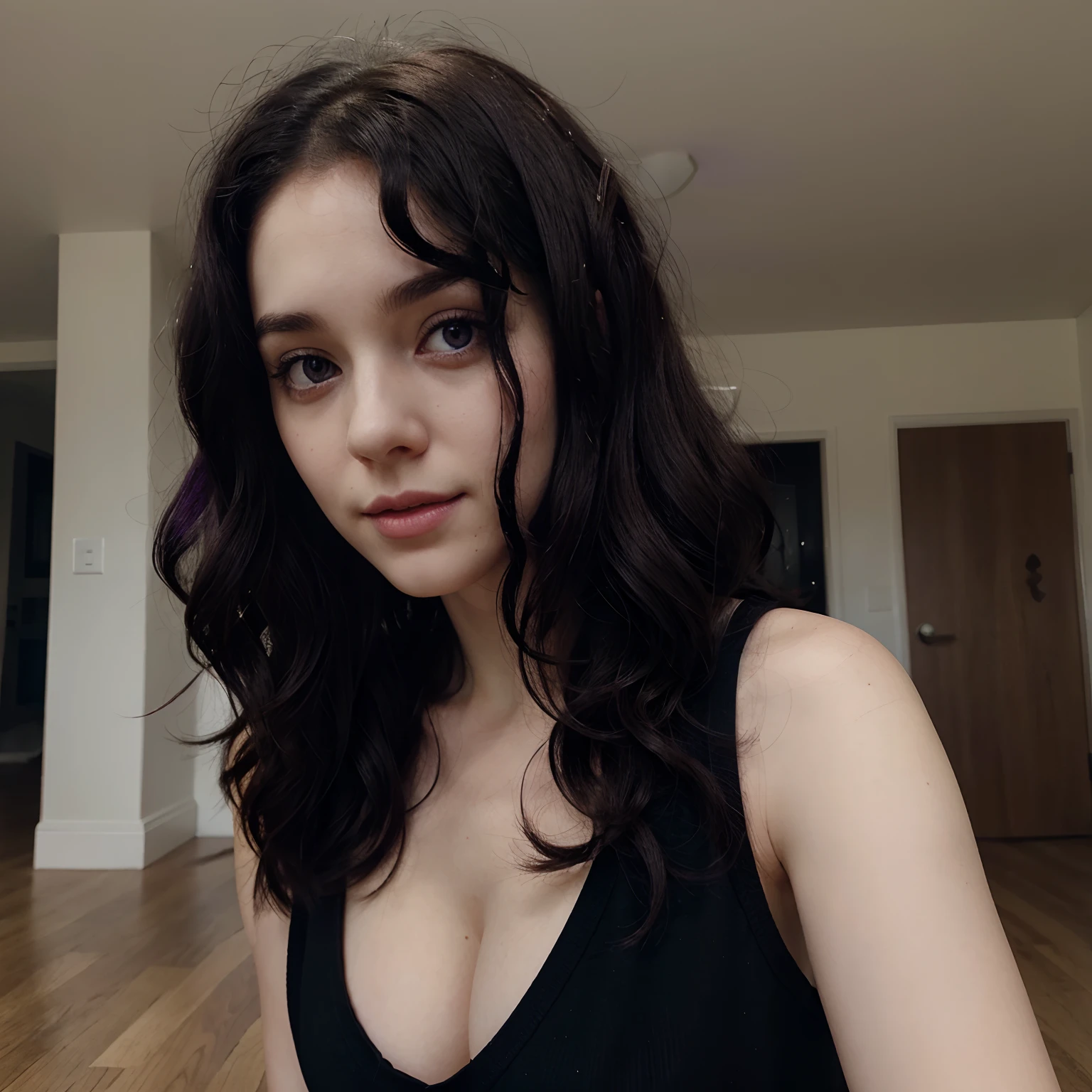 A pale girl with black curly hair that reaches the floor her hair is covering her left eye her right eye is dark purple