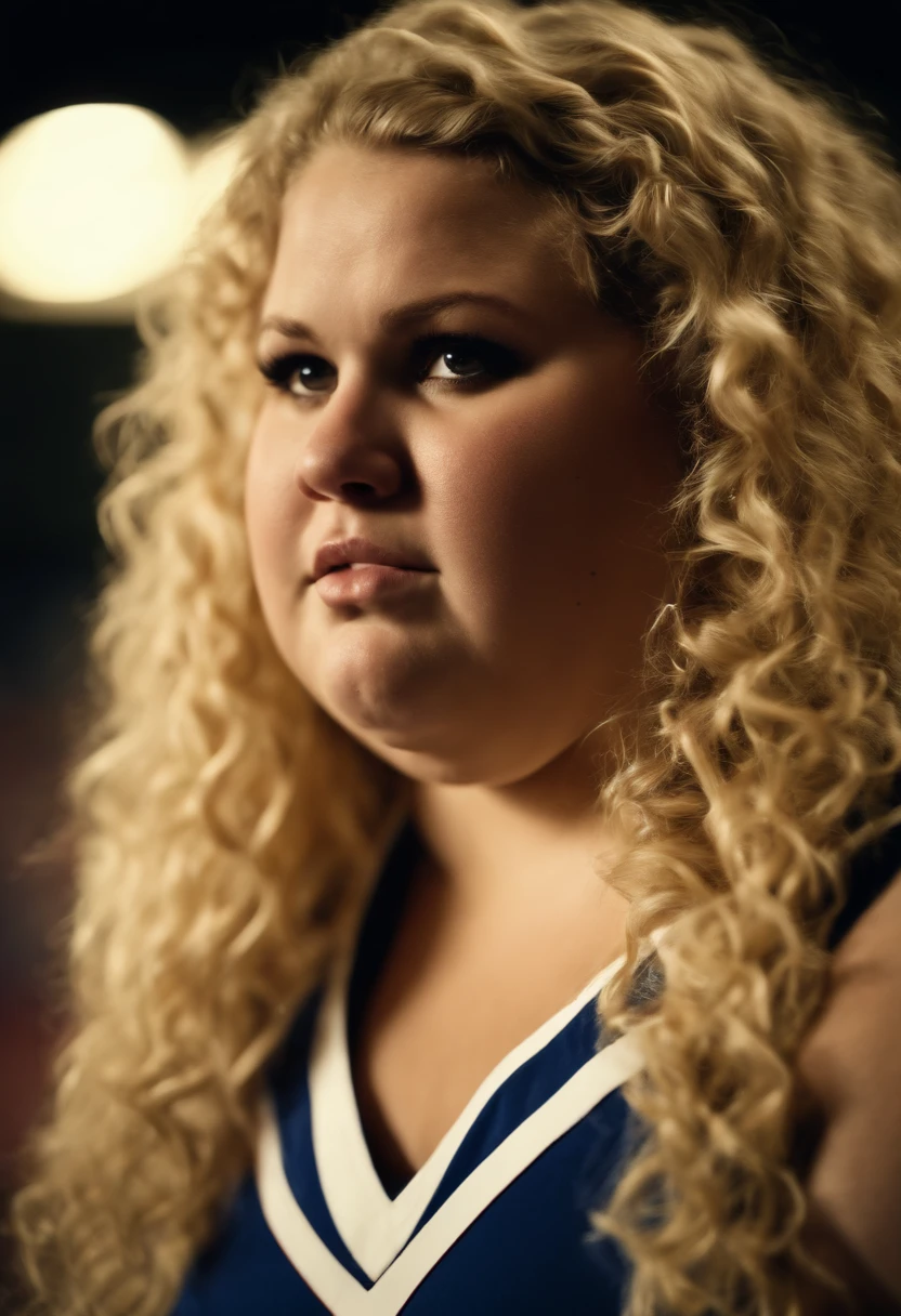 Super morbidly obese 700 pound sweaty out of breath girl cheerleader with blond curly hair