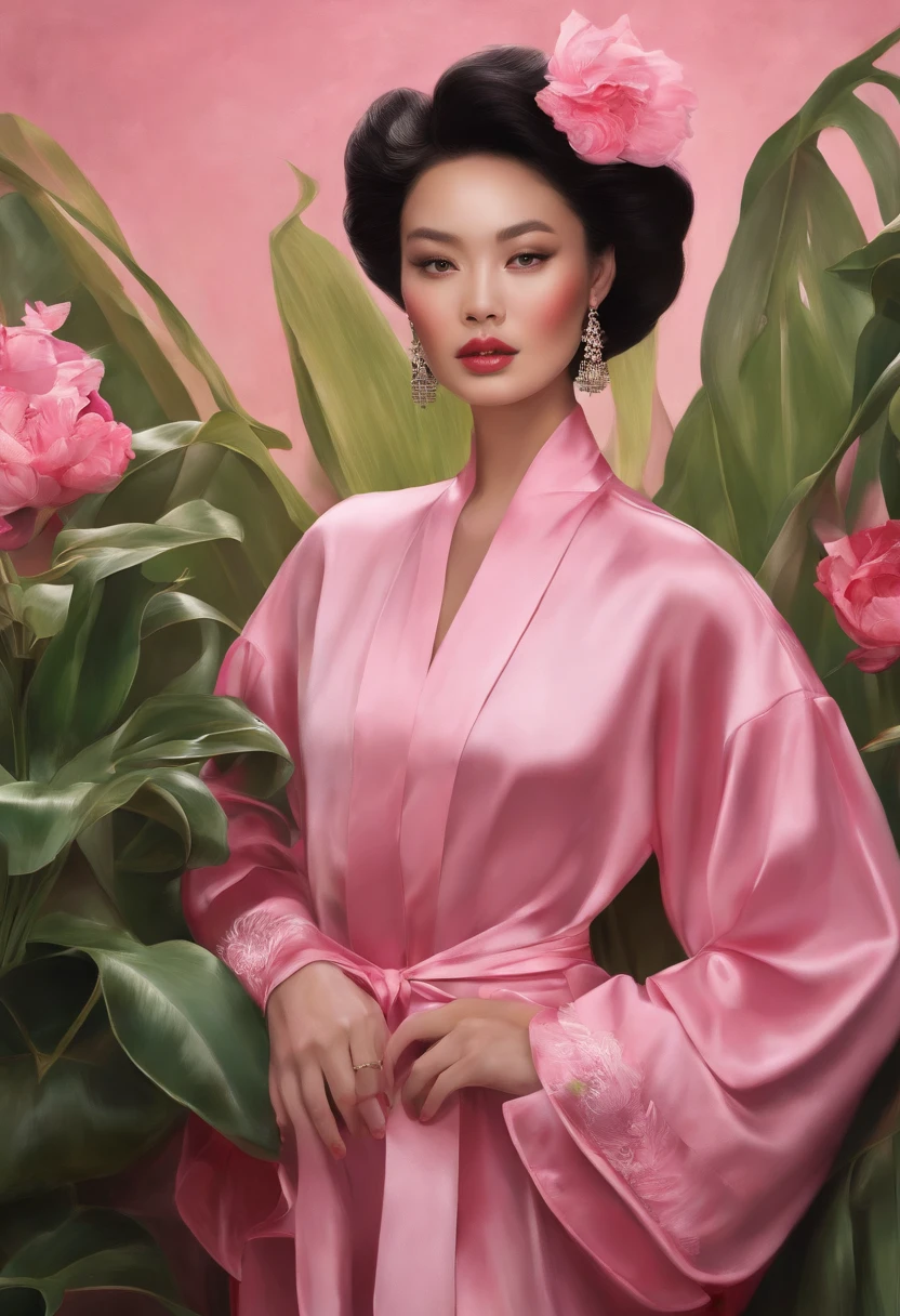 fashion magazine，ultrarealism oil painting，（Crane），Chinese woman，Pink and emeralds，Plant cover background，The style of artist Bruce Zheng，shinny hair，cowboy lens，art-deco，Verism，blooms，Award-Awarded，retinas