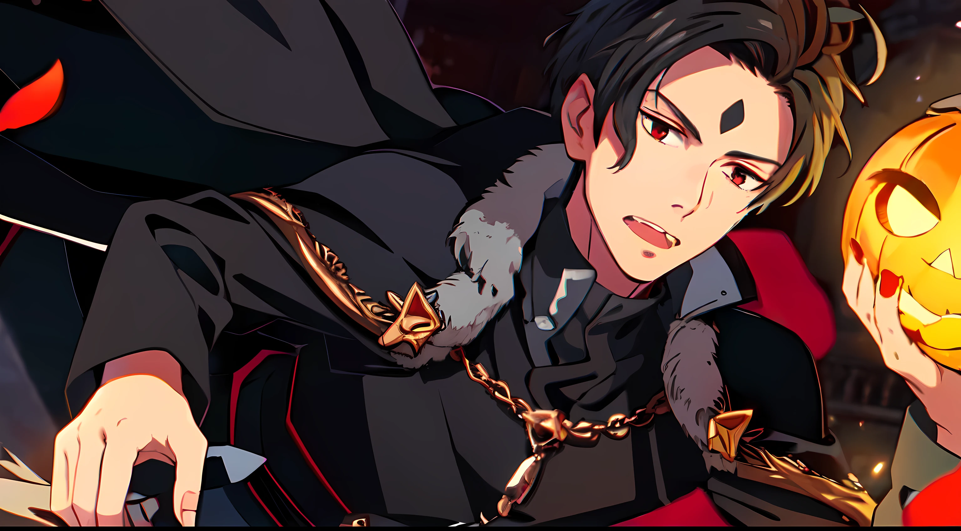 masterpiece, (1Man), luci, red eyes, black hair, vampire, cape, dark castle, red moon, falling red petals, Dracula, pumpkin