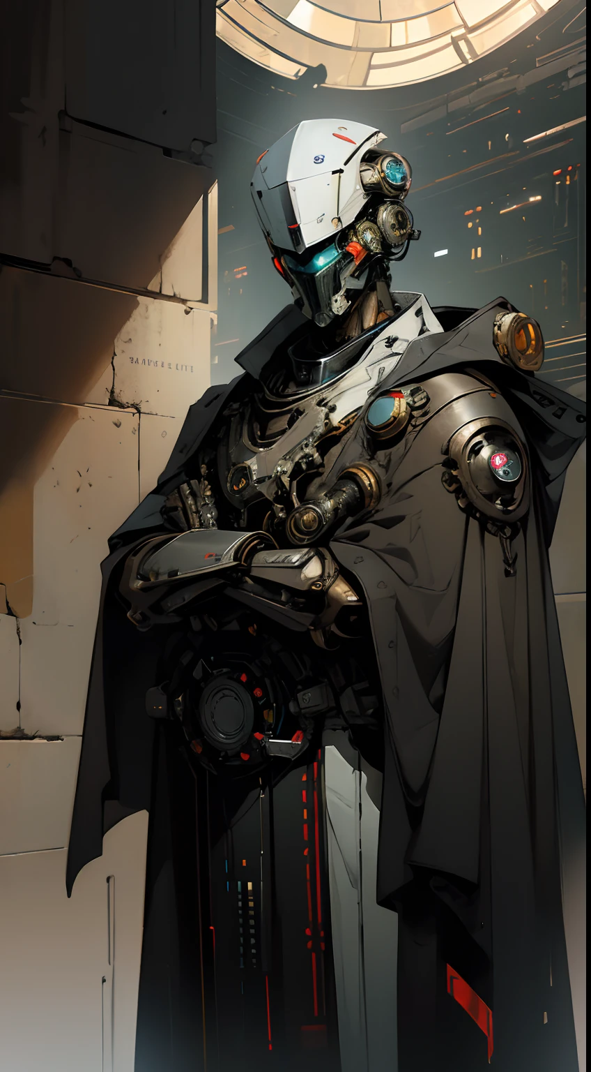 robot, cyborg,((The face is in style of an Exo from Destiny)),Shiny metal skin,Mechanical body parts,Mechanical gears and gears, (devoid of mouth), [Meticulous, Surgical precision], stained glass background,Science fiction art style,Vibrant colors,High-res,Ultra-detailed,Realistic lighting effects,Bokeh, wearing white robes and cloak, divine pose, two bright eyes,