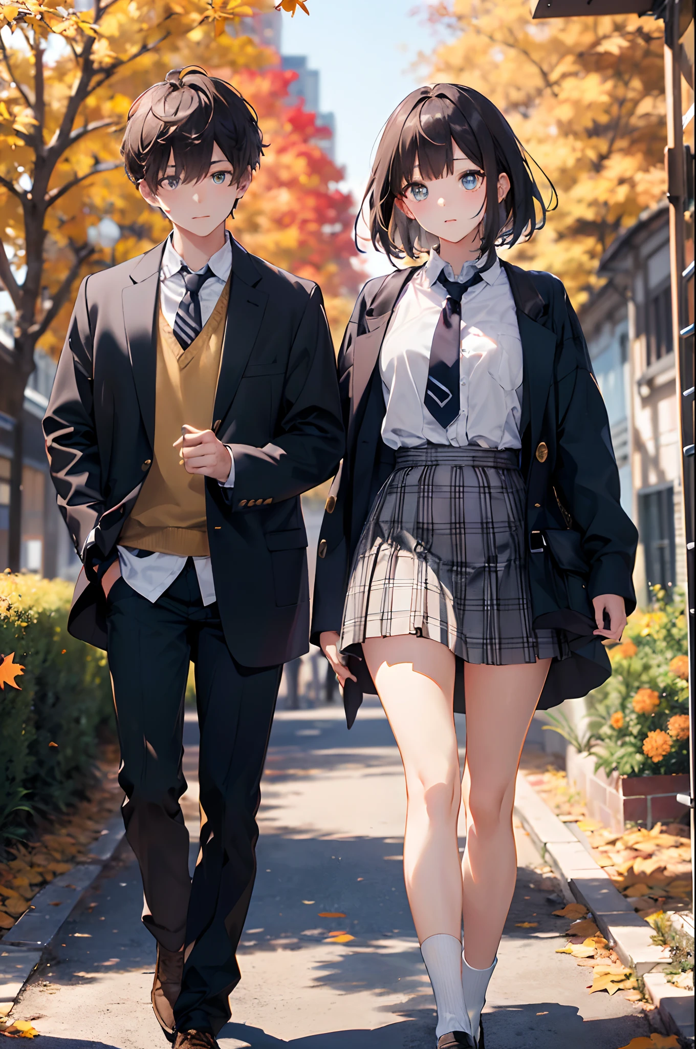 (top-quality、in 8K、32K、masterpiece、nffsw、超A high resolution、Impresionismo、Photorealsitic:1.2)、cowboy shot、foco nítido、detailed faces and eyes、(Man Walking Down a Tree-Lined Avenue々Group of, october, during autumn, in autumn, Golden Autumn, golden leaves, autumn season, trending photo, november, autum, beautiful image, beautiful aesthetic, Autumn, autumn season, beautiful day, in autumn, !!Beautiful!!)、Sharp pupils、Realistic pupils、beauitful face、18 year old beautiful girl、shinny skin、Bery short hair、Beautiful dark brown hair、Blunt bangs、Dark blue eyes、Shirt、neck tie、Plaid miniskirt、Black socks、(Have a skirt、Lifting skirt、I can see the white panties:1.3)、(Embarrassed look:1.2)、Mel Kishida