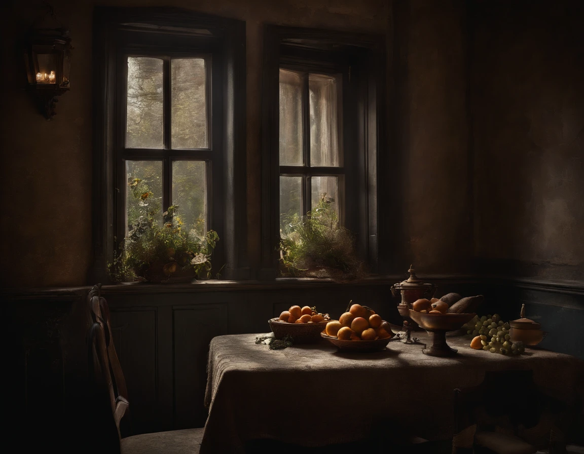 Best quality, high resolucion, Masterpiece:1.2, Ultra-detailed, Realstic:1.37, Nature morte sombre, photographie, Realstic, mysterious atmosphere, dim lighting, Textures riches, Couleurs vives, Intricate details, ombres intenses, objet vieilli, Argenterie ternie, faded flowers, room, tissu de fond, Decaying Fruit, Subtle reflections, gloomy ambiance, Ghoulish Elements, Contraste dans les tons, film, cinematography, Ombres dramatiques, Strange Presence, Strange Objects, Complex details of disintegration, Palette de couleurs sombres, Captured Depth and Dimension, Emotions Hidden in the Dark, realistic rendering, clair-obscur intense, textures exquises, Meticulous details of each object, Impeccable accuracy in the representation of ageing, Obsessive fragility, Ethereal atmosphere, Couches complexes de symbolisme, Photographie simple.