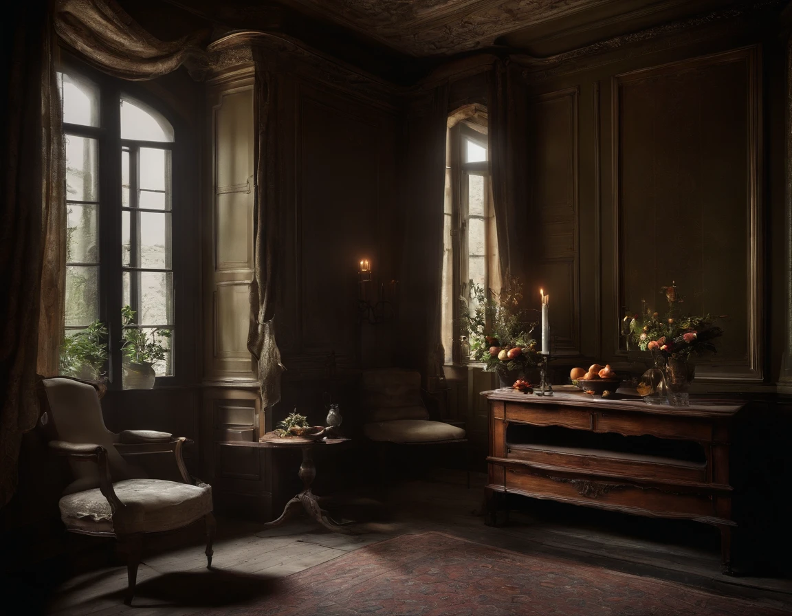 Best quality, high resolucion, Masterpiece:1.2, Ultra-detailed, Realstic:1.37, Nature morte sombre, photographie, Realstic, mysterious atmosphere, dim lighting, Textures riches, Couleurs vives, Intricate details, ombres intenses, objet vieilli, Argenterie ternie, faded flowers, room, tissu de fond, Decaying Fruit, Subtle reflections, gloomy ambiance, Ghoulish Elements, Contraste dans les tons, film, cinematography, Ombres dramatiques, Strange Presence, Strange Objects, Complex details of disintegration, Palette de couleurs sombres, Captured Depth and Dimension, Emotions Hidden in the Dark, realistic rendering, clair-obscur intense, textures exquises, Meticulous details of each object, Impeccable accuracy in the representation of ageing, Obsessive fragility, Ethereal atmosphere, Couches complexes de symbolisme, Photographie simple.