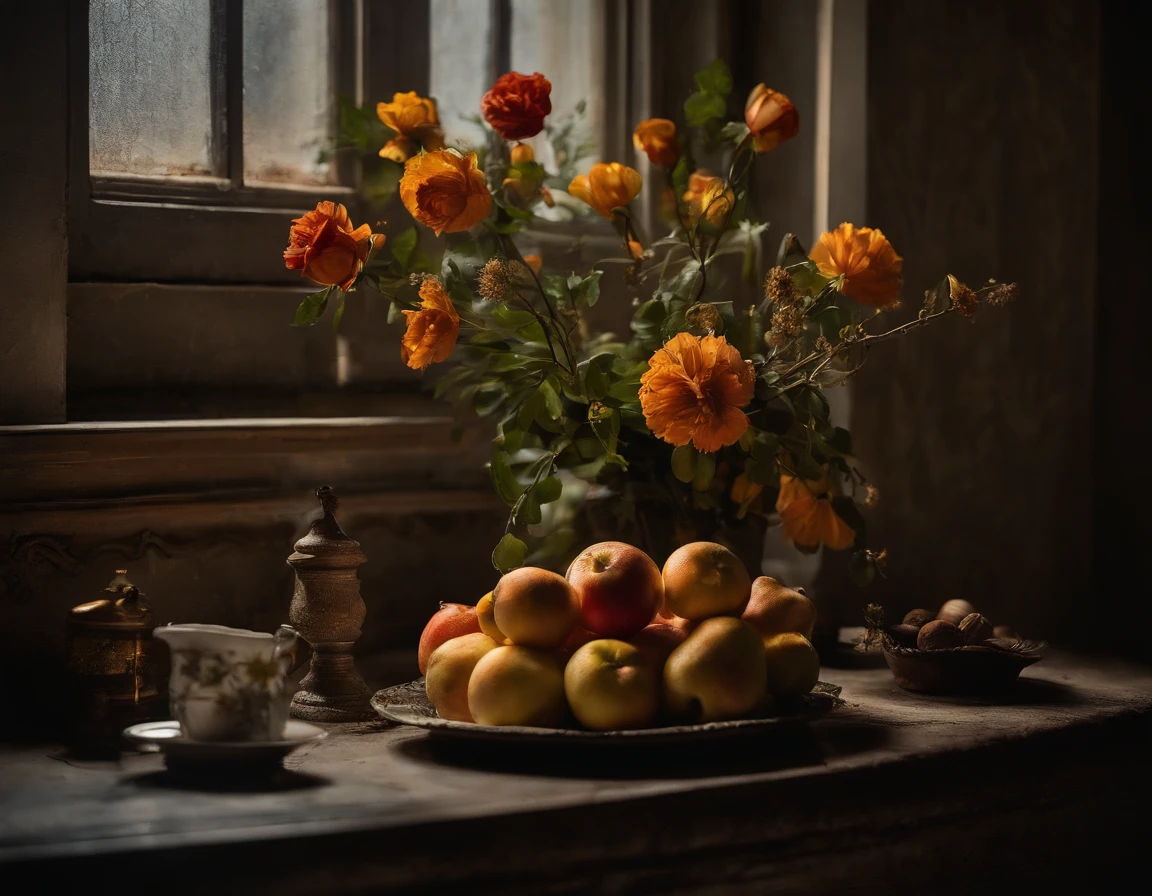 Best quality, high resolucion, Masterpiece:1.2, Ultra-detailed, Realstic:1.37, Nature morte sombre, photographie, Realstic, mysterious atmosphere, dim lighting, Textures riches, Couleurs vives, Intricate details, ombres intenses, objet vieilli, Argenterie ternie, faded flowers, room, tissu de fond, Decaying Fruit, Subtle reflections, gloomy ambiance, Ghoulish Elements, Contraste dans les tons, film, cinematography, Ombres dramatiques, Strange Presence, Strange Objects, Complex details of disintegration, Palette de couleurs sombres, Captured Depth and Dimension, Emotions Hidden in the Dark, realistic rendering, clair-obscur intense, textures exquises, Meticulous details of each object, Impeccable accuracy in the representation of ageing, Obsessive fragility, Ethereal atmosphere, Couches complexes de symbolisme, Photographie simple.