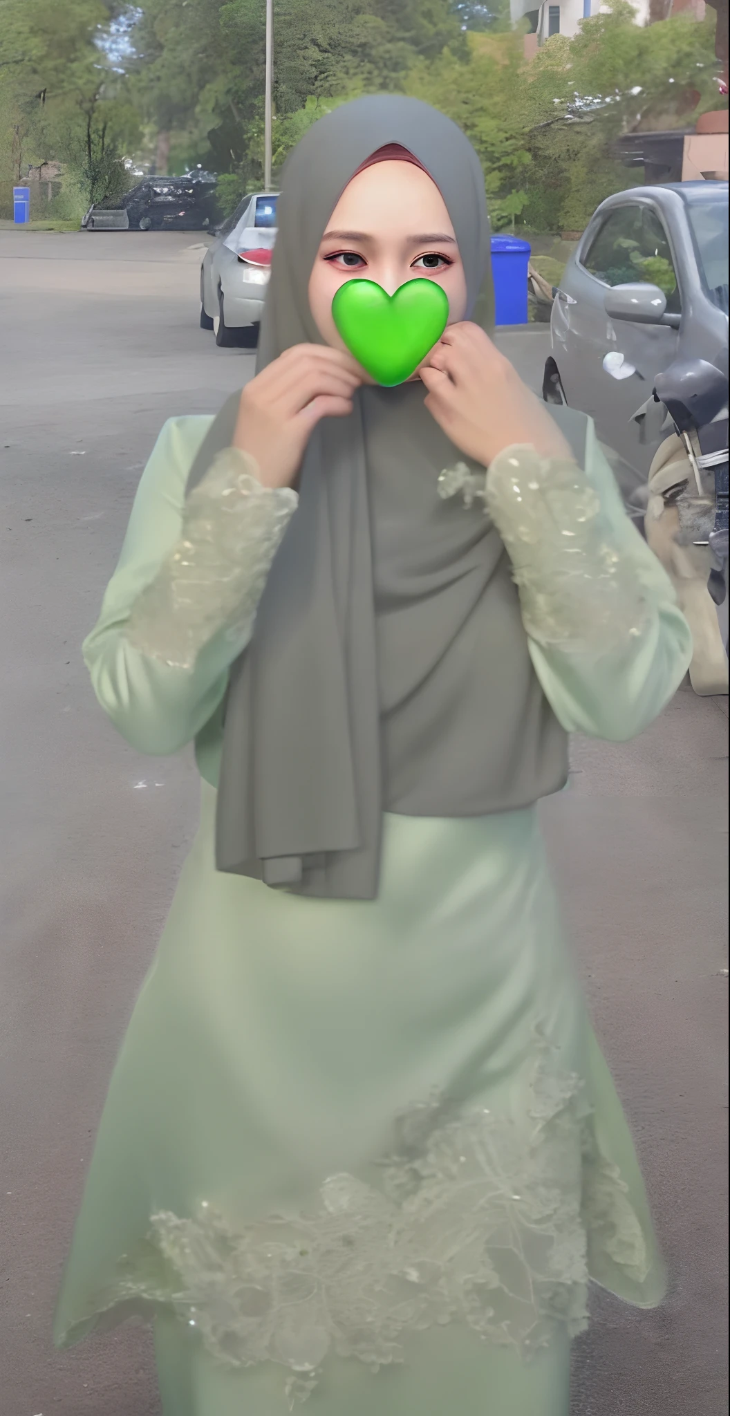 Luna Maya, (RAW photo:1.2), (photorealistic:1.4),(masterpiece:1.3),(best quality:1.4),ultra high res,(detailed eyes),(detailed facial features),(detailed clothes features),HDR,8k resolution, skin tight, (((high detailed skin,visible pores))), dreamlike,  (ulzzang-6500-v1.1:0.5),pureerosface_v1:0.2, face close-up, 1 girl, tall body, slim faces, body abs:1.2, , 30 years old, gigantic breast,  wearing tight close pastel floral silk malay gamis with hijab, full body, beautiful shy smile,  wearing high heels
