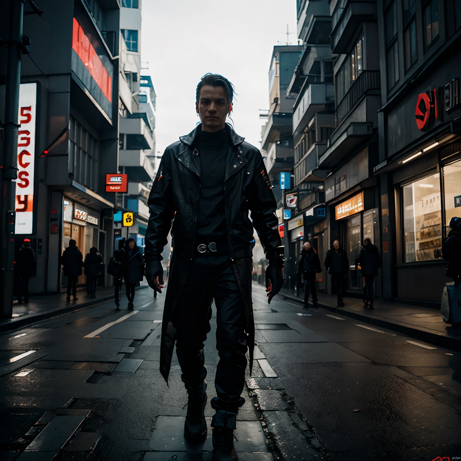 Typ steht auf einem dach in einer cyberpunk city