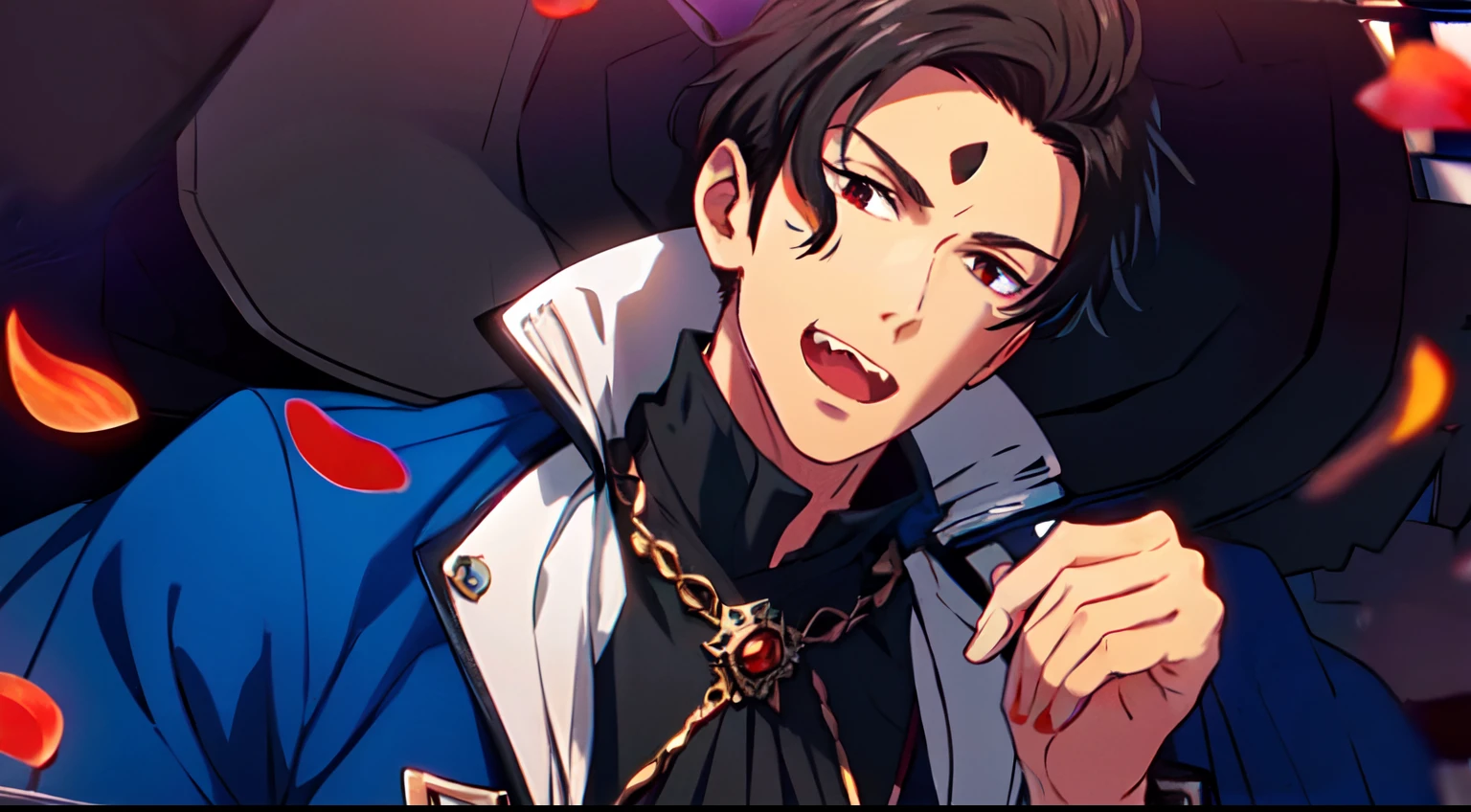 masterpiece, (1Man), luci, red eyes, black hair, vampire, blue cape, dark castle, red moon, falling red petals, (Dracula), pumpkin