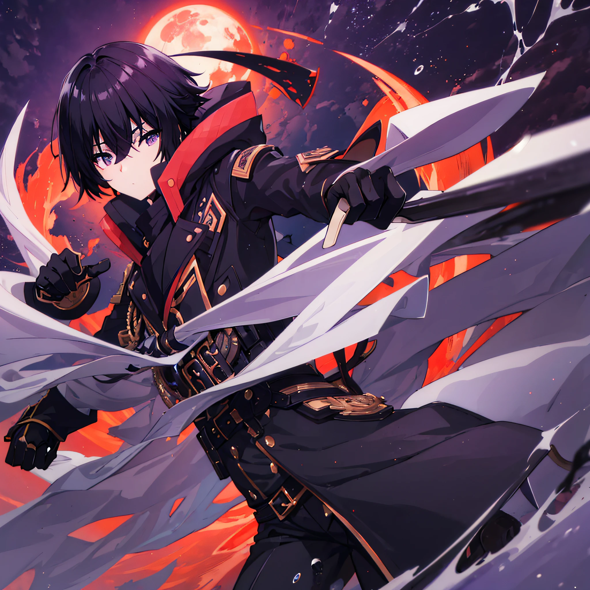 Cid Kagenou, black hair, gloves, black gloves, black coat, male Focus, hood, black pants, cid_kagenou, black hair, black eyes, hair between eyes, black slime sword, purple eyes, glowing eyes, floating dark shadows in the air, red moon, red sky, blood moon, purple lightning, high resolution, 4K, ultrasharp, masterpiece, flying gold dust in the air