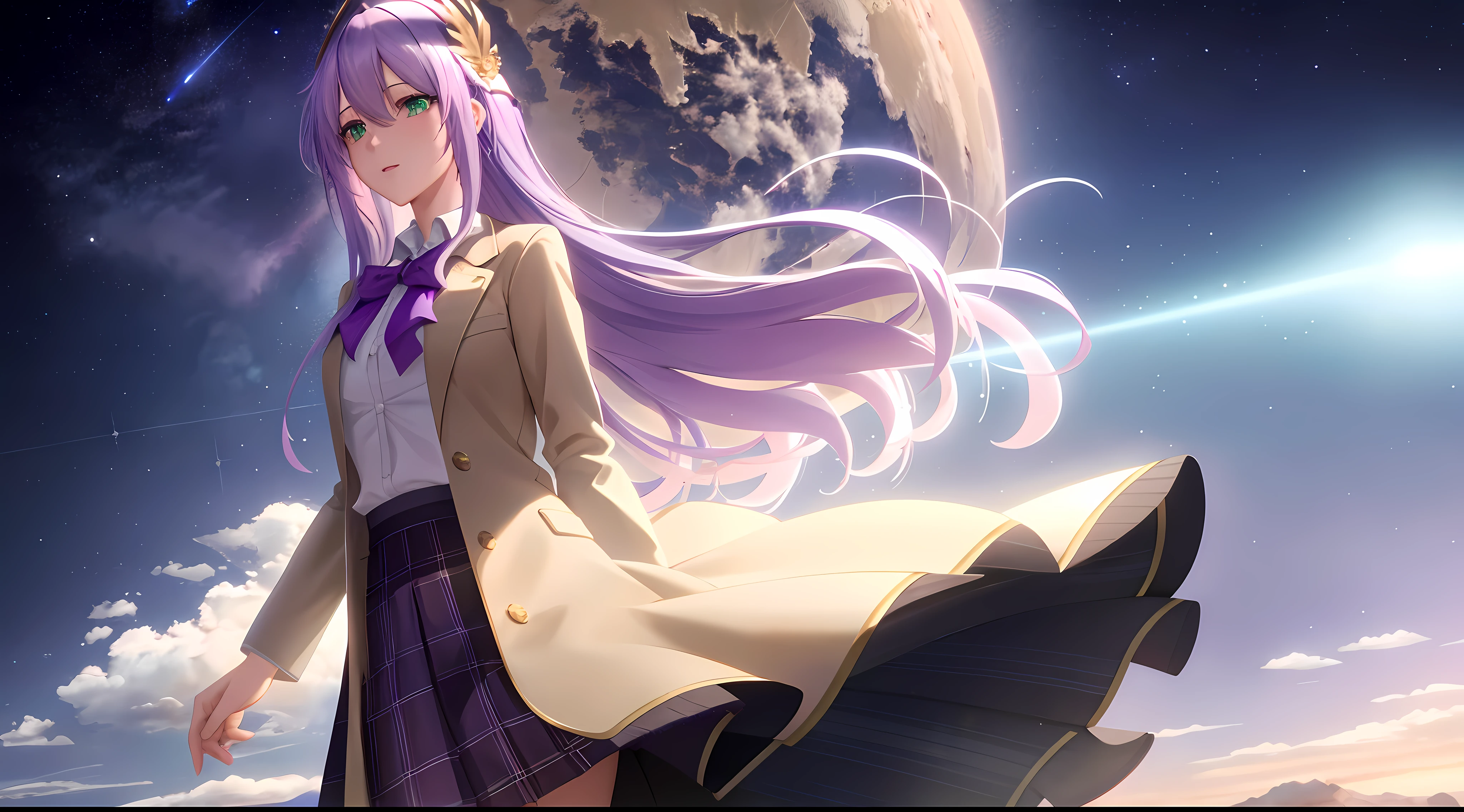 Athena with plain long light purple hair,hair between eyes,green eyes,rosy cheeks,full lips,thin eyebrows,slender body,wearing school coat and full long skirt,cute anime girl,full body,desert night sky nebulae in background,anime style,Lumen Reflections,Screen Space Reflections,Diffraction Grading,Chromatic Aberration,GB Displacement,Scan Lines,Ray Traced,Anti-Aliasing,FXAA,TXAA,RTX,SSAO,Shaders,OpenGL-Shaders, GLSL-Shaders,Post Processing,Post-Production,cell Shading,Tone Mapping,CGI,VFX,SFX,insanely detailed and intricate, 4K,standing, solo, masterpiece, best quality, detailed face, detailed eyes, highres, standing, solo,masterpiece, best quality
