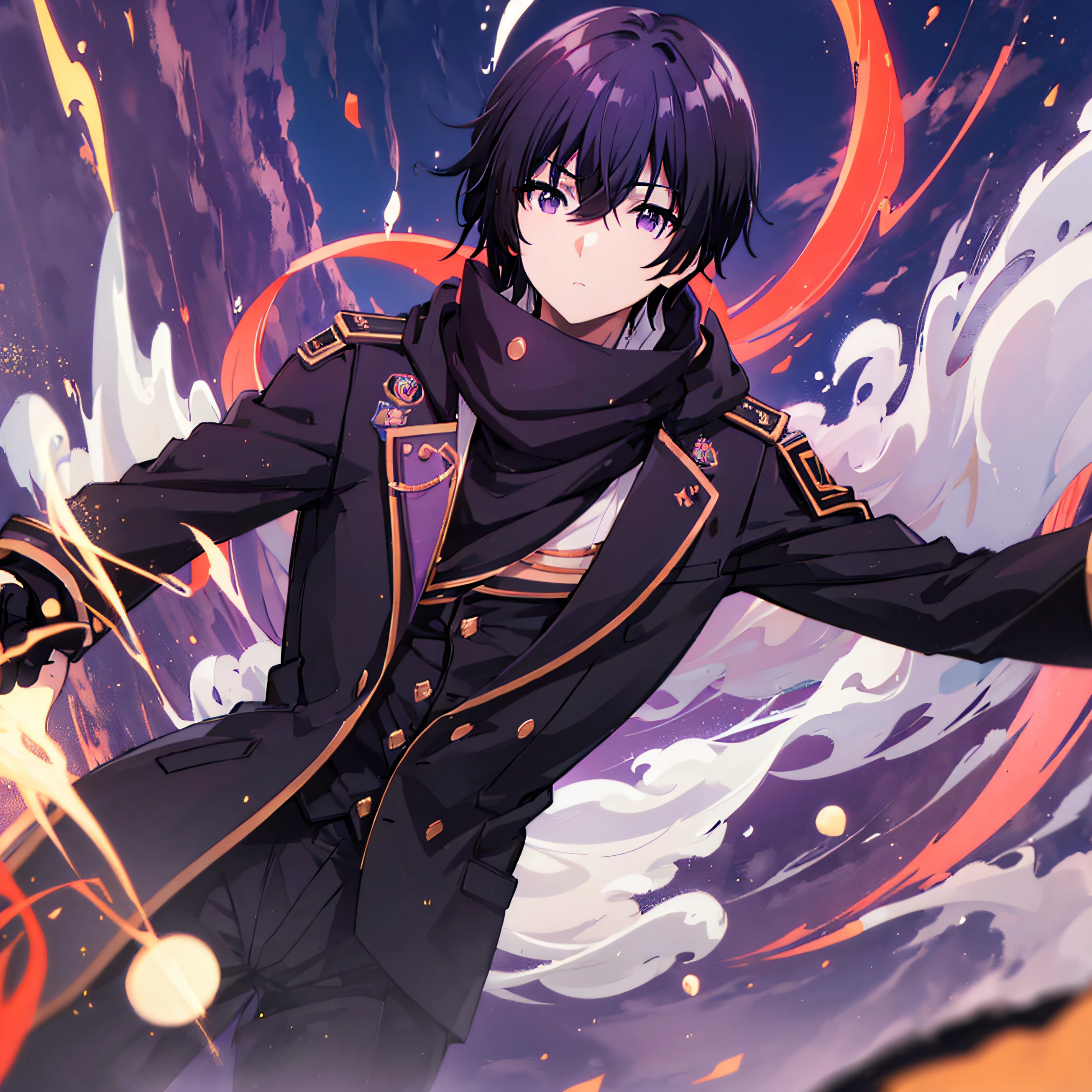 Cid Kagenou, black hair, gloves, black gloves, black coat, male Focus, hood, black pants, cid_kagenou, black hair, black eyes, hair between eyes, black slime sword, purple eyes, glowing eyes, floating dark shadows in the air, red moon, red sky, blood moon, purple lightning, high resolution, 4K, ultrasharp, masterpiece, flying gold dust in the air