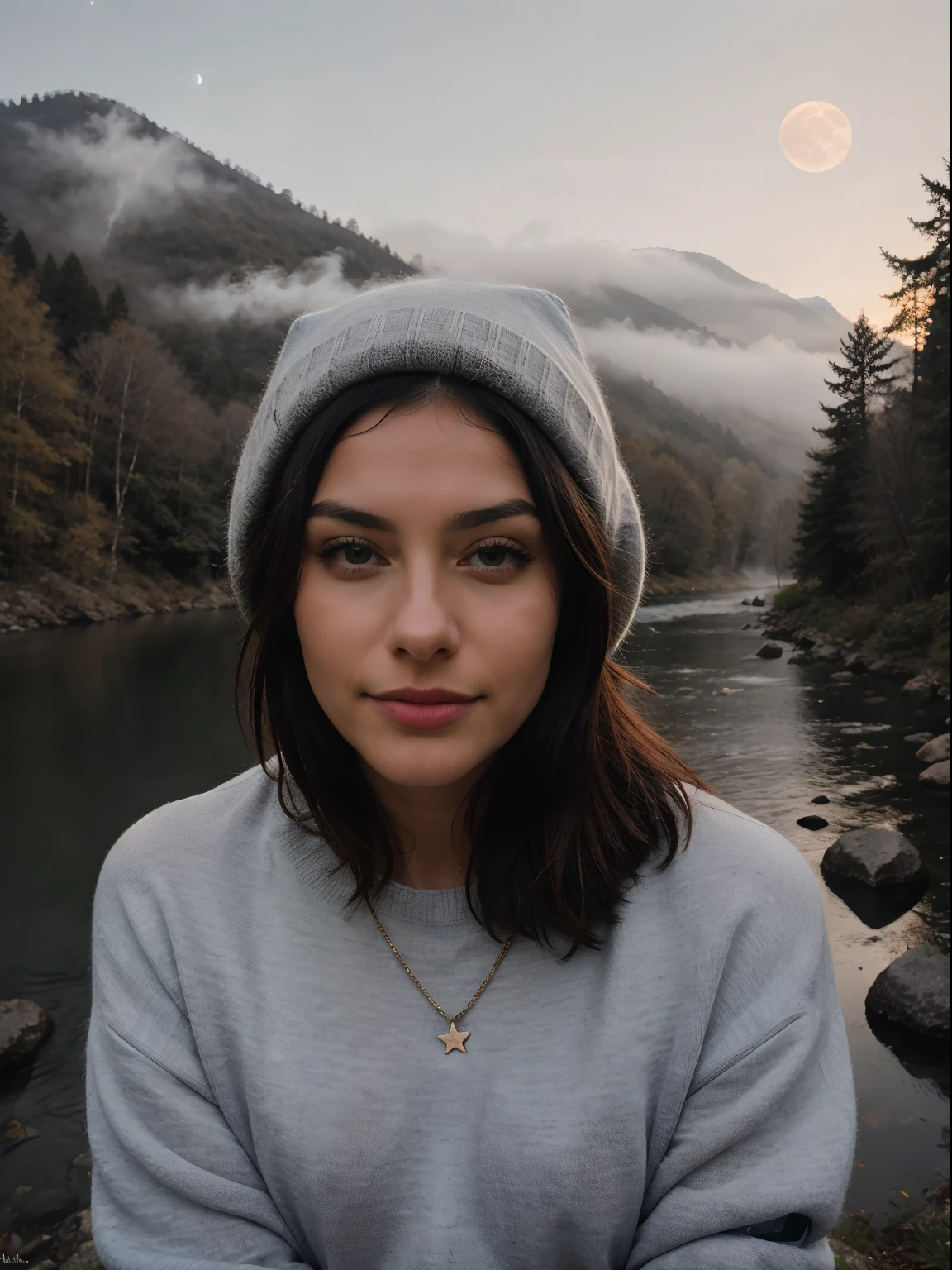 photorealistic, best quality, hyper detailed, beautiful woman in veil, selfie photo, upper body, solo, wearing pullover, outdoors, (night), mountains, real life nature, stars, moon, (cheerful, happy), sleeping bag, gloves, sweater, beanie, flashlight, forest, rocks, river, wood, smoke, fog, clear sky, analog style, looking at viewer, skin texture, film grain, close up, ultra high res, best shadow, RAW, instagram LUT