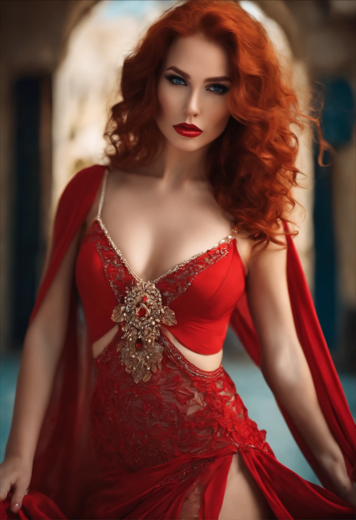 woman sexy breast niple red hair long bikini blue eye brunette red lips fantasy dress