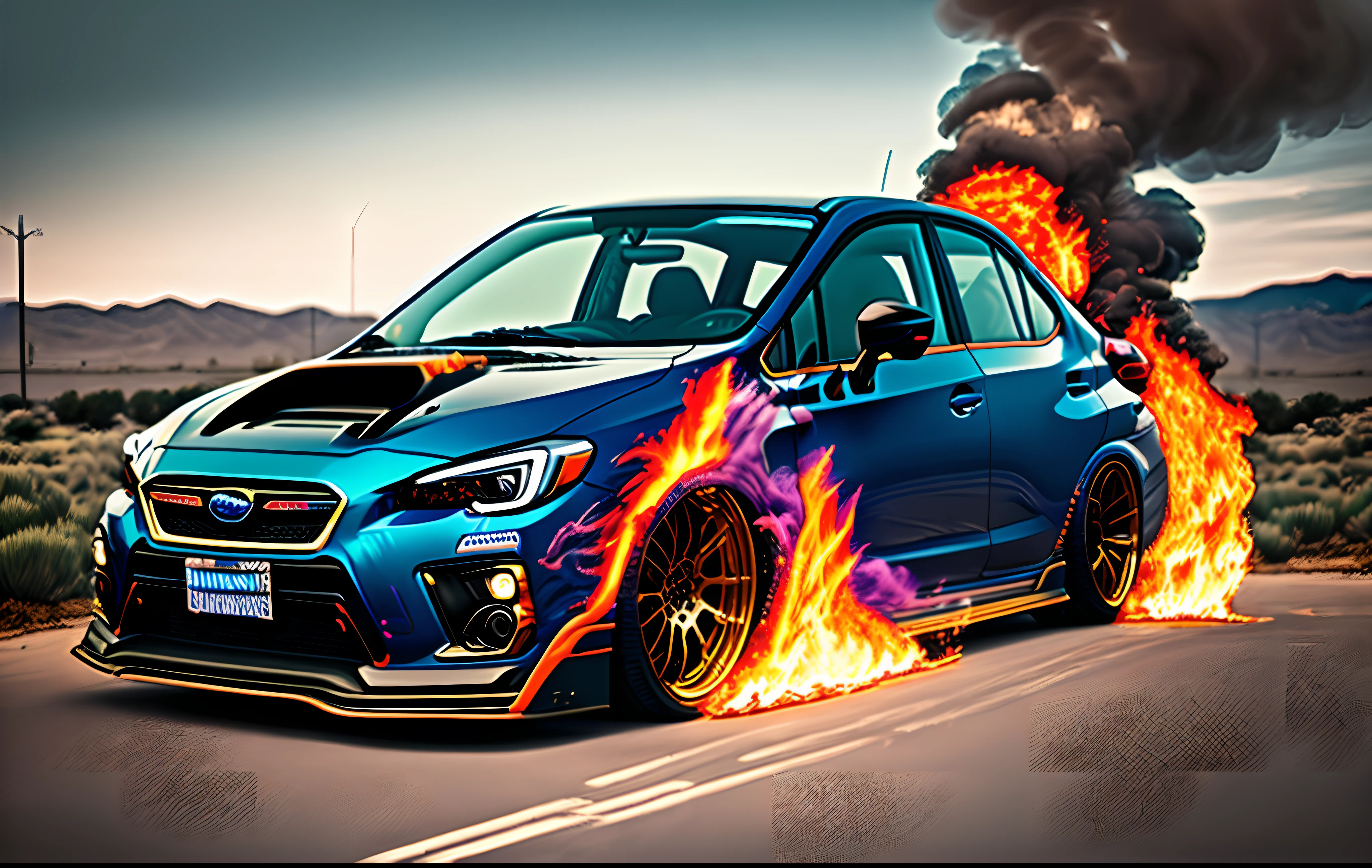 Blue Subaru 2022 WRX shooting flames from exhaust, comic book style, widebody, carbon fiber,