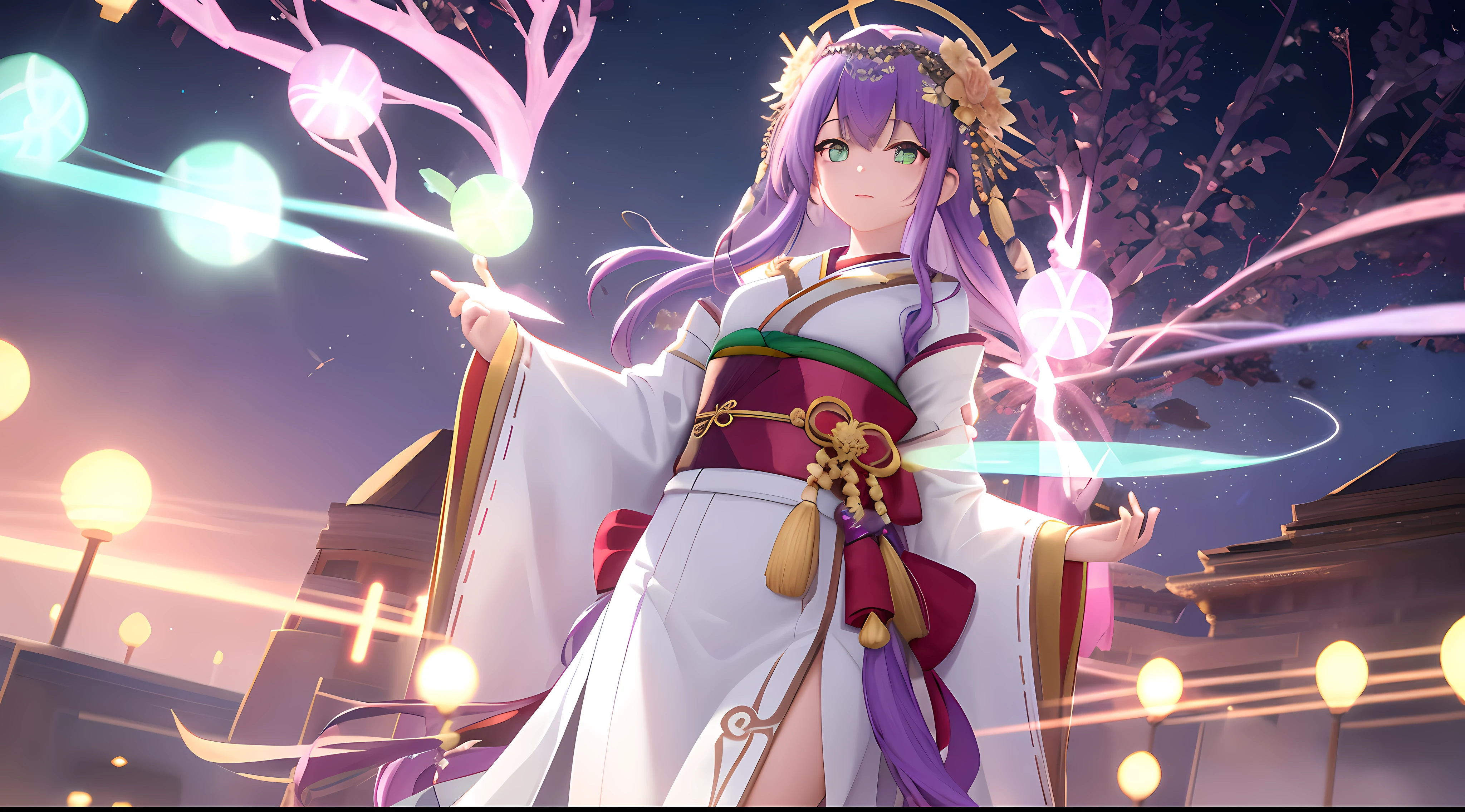 Athena with plain long light purple hair,hair between eyes,green eyes,rosy cheeks,full lips,thin eyebrows,slender body,wearing kimono and full long skirt,cute anime girl,full body,desert night sky nebulae in background,anime style,Lumen Reflections,Screen Space Reflections,Diffraction Grading,Chromatic Aberration,GB Displacement,Scan Lines,Ray Traced,Anti-Aliasing,FXAA,TXAA,RTX,SSAO,Shaders,OpenGL-Shaders, GLSL-Shaders,Post Processing,Post-Production,cell Shading,Tone Mapping,CGI,VFX,SFX,insanely detailed and intricate, 4K,standing, solo, masterpiece, best quality, detailed face, detailed eyes, highres, standing, solo,masterpiece, best quality