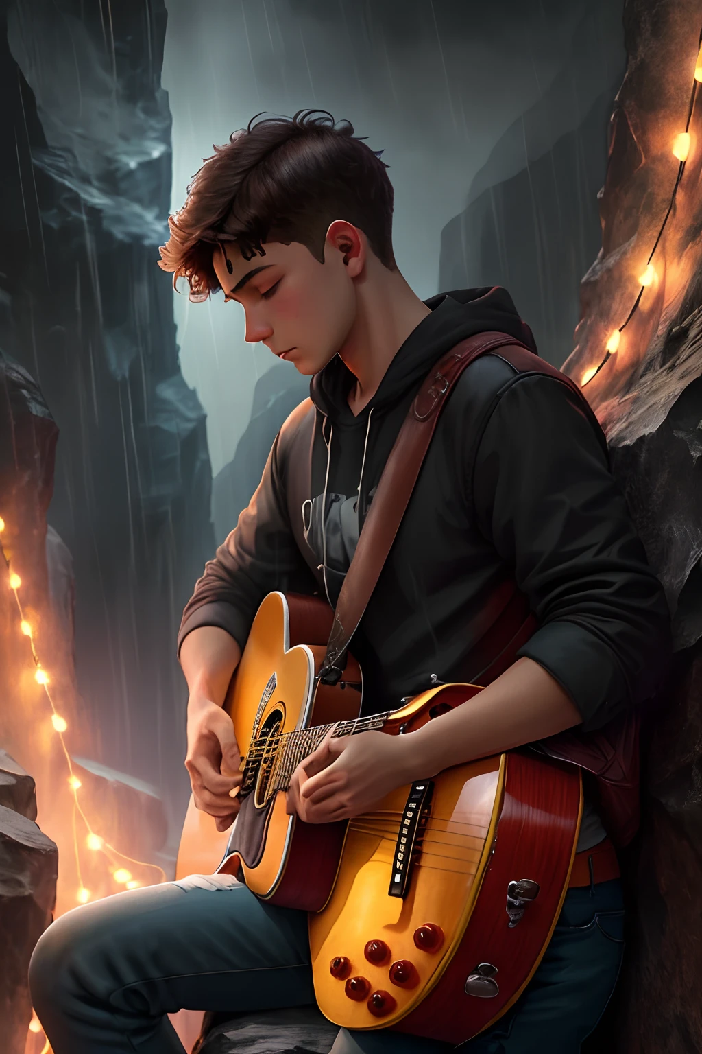 A sad young man playing guitar on the edge of the abyss on a rainy night
