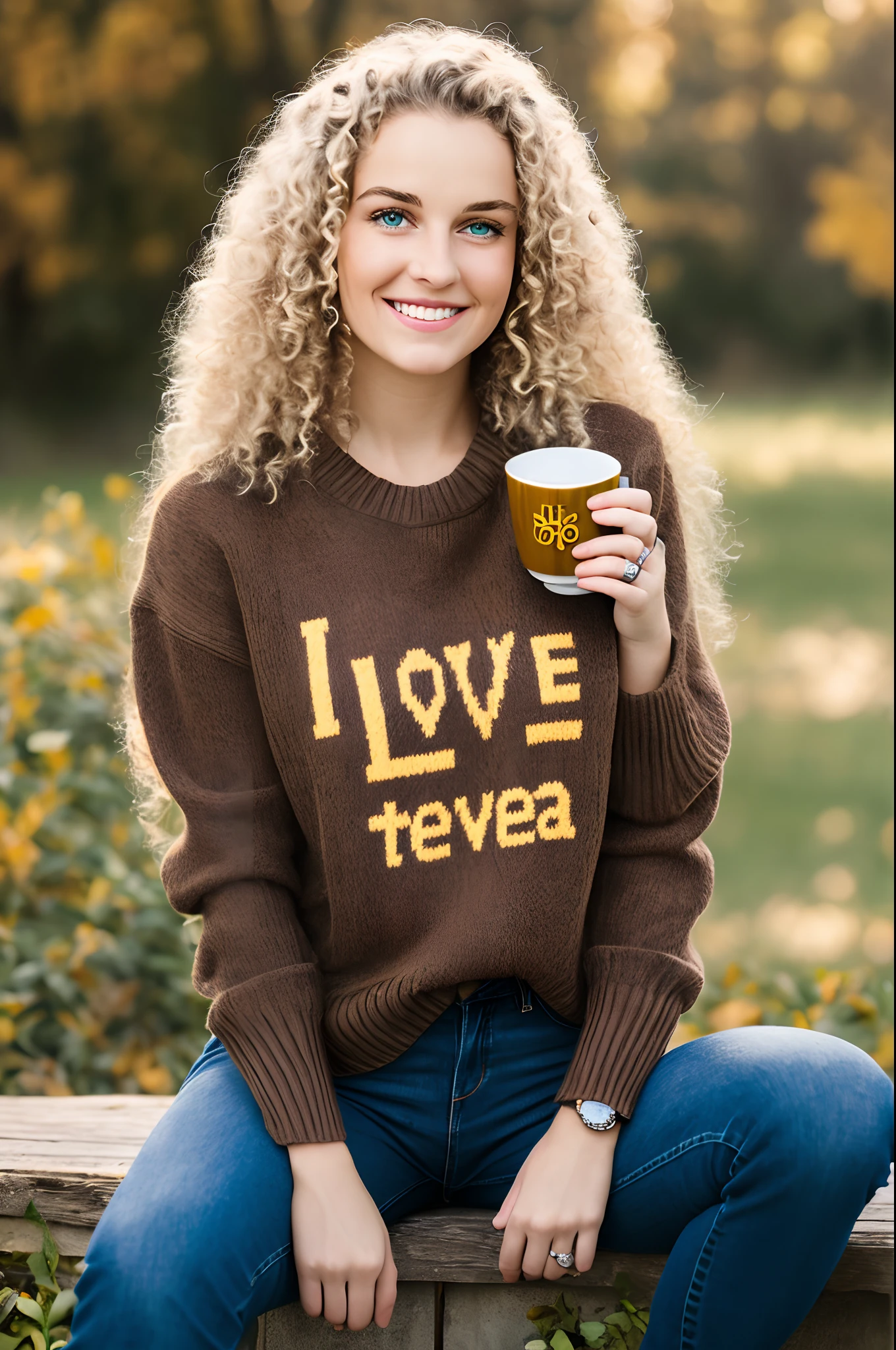 Photo, teanage girl with blonde curly hair, brown eyes, wearing a sweater and jeans, wearing a "i love tea" pin on her sweater
