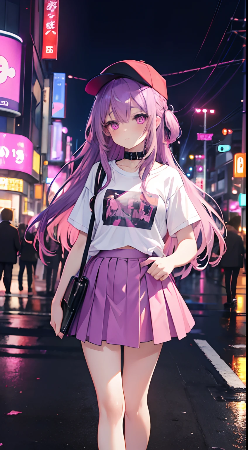 masterpiece, best quality, 1girl, purple hair, pink eyes, long hair, (small breasts), standing on the street, (T-shirt collar), underwear straps, pink skirt, front view, in standing, city night, neon light, Tokyo street background, taxi, dating, shy, headwear, hands behind back