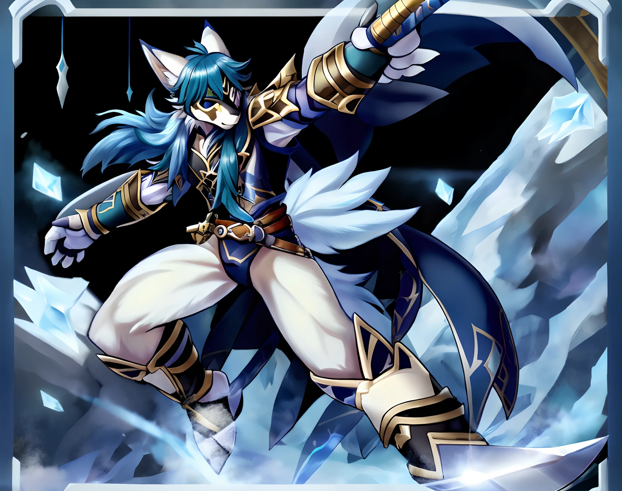 a close up of a ((Tan Skin)) ((masculine )) (sakuyamon) like digimon \(creature\))) with ((long navy-Blue hair with light blue )) , ((Done in a Low hanging Ponytail)),Big ((fluffy white tail)), Ice Crystals in Gauntlets ,((Belt , Sword)) , Dynamic pose, Mid swing , expression( Smug), ((Eye patch)),(( Kaeya From Genshin impact as a Digimon)), ((white Fox mask with blue markings))