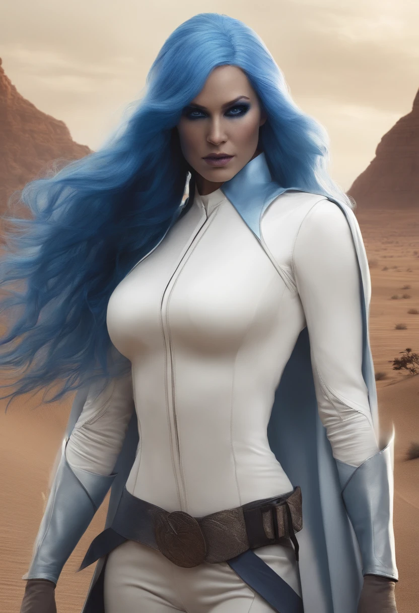Woman with blue skin, white shirt, standing desert, wearing eye patch, comic style, mystique, white hair, x-men, Emma frost