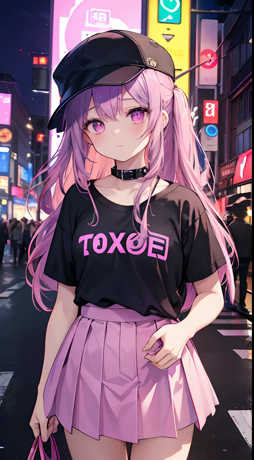 masterpiece, best quality, 1girl, purple hair, pink eyes, long hair, (small breasts), standing on the street, (T-shirt collar), underwear straps, pink skirt, front view, in standing, city night, neon light, Tokyo street background, taxi, dating, shy, headwear, hands behind back