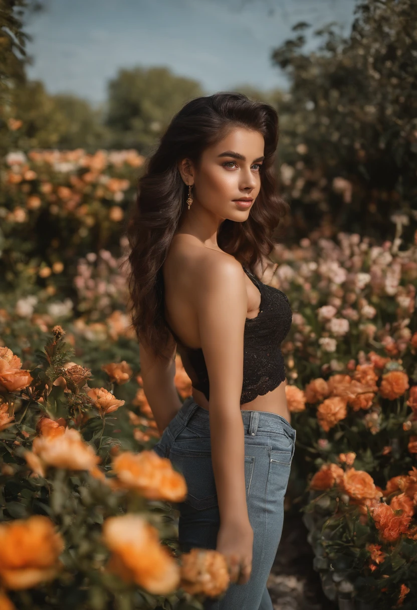 A woman standing in a field of flowers with her back to the camera ...
