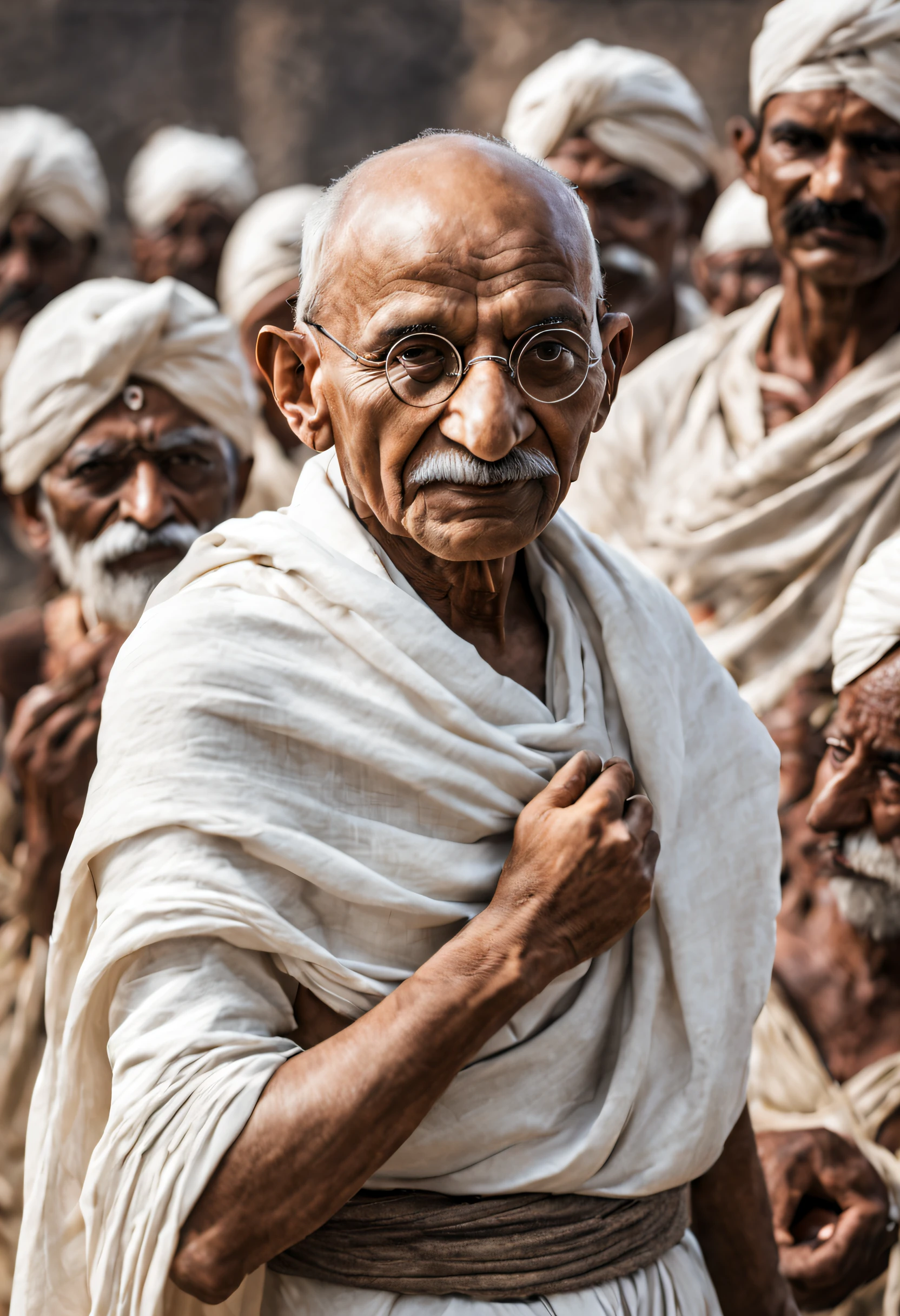 A peaceful leader, Mahatma Gandhi, transforms into a fierce warrior, his eyes blazing with determination as he leads his people to victory.