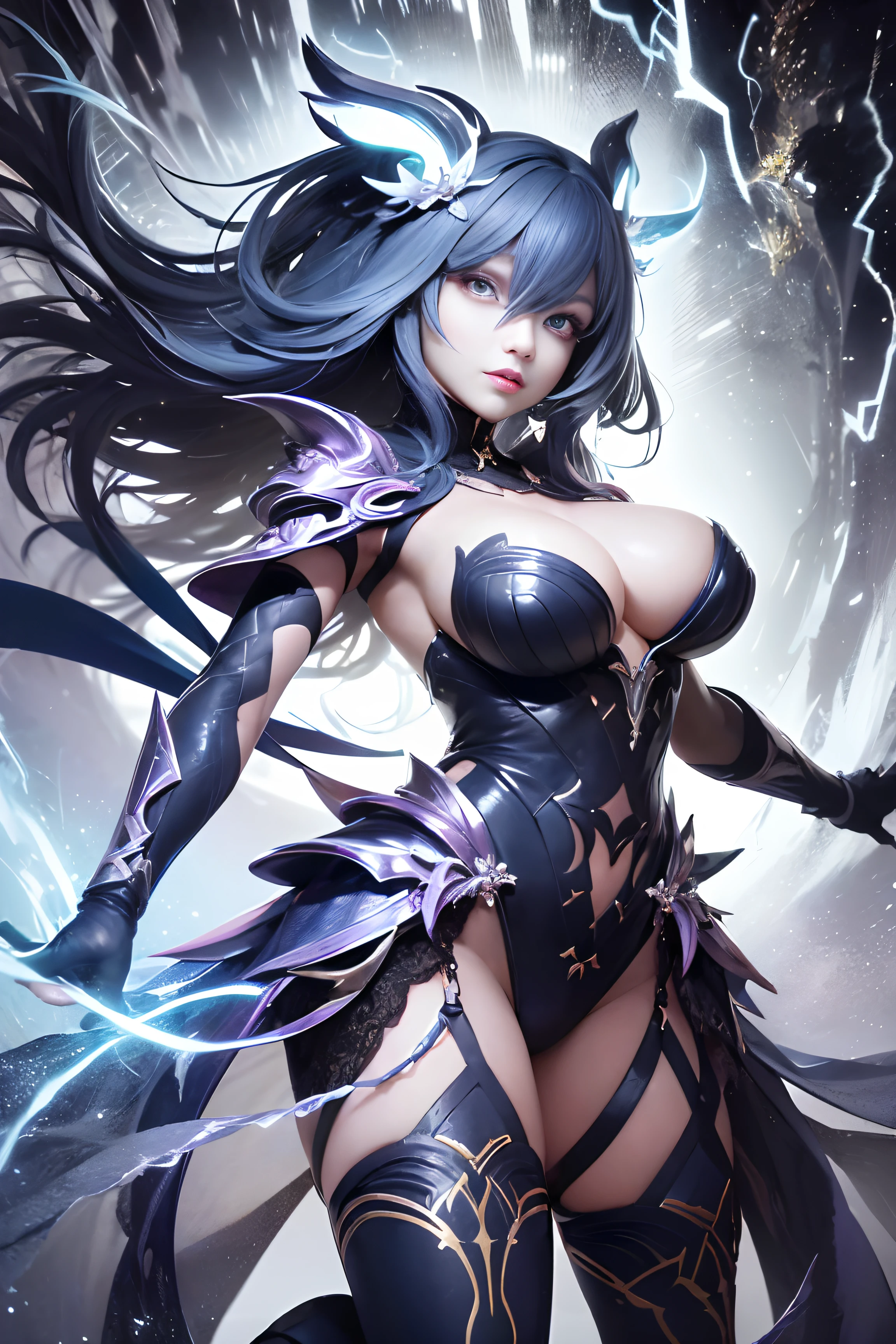 "(Bold lines: 1.5), Thunder Goddess, Full-body depiction, (Dominant and powerful stance), (High contrast lighting: 1.4), Digital art mastery, Eyes radiating a blinding white with the corners sparking miniature lightning bolts, (Vibrant electric blue and dark stormy hues), (Powerful aura radiating electric energy), Hand gracefully lifting a glowing orb of lightning, Emerging fiercely in front of a massive bolt of thunder, Attire blending soft silk with intricate metallic elements, exquisite and refined."