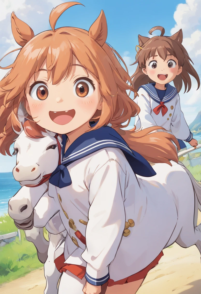 Anthropomorphic horses，cartoon image，com mascot，Nine years old，Happy expression，Wearing a sailor suit，Cute and cute