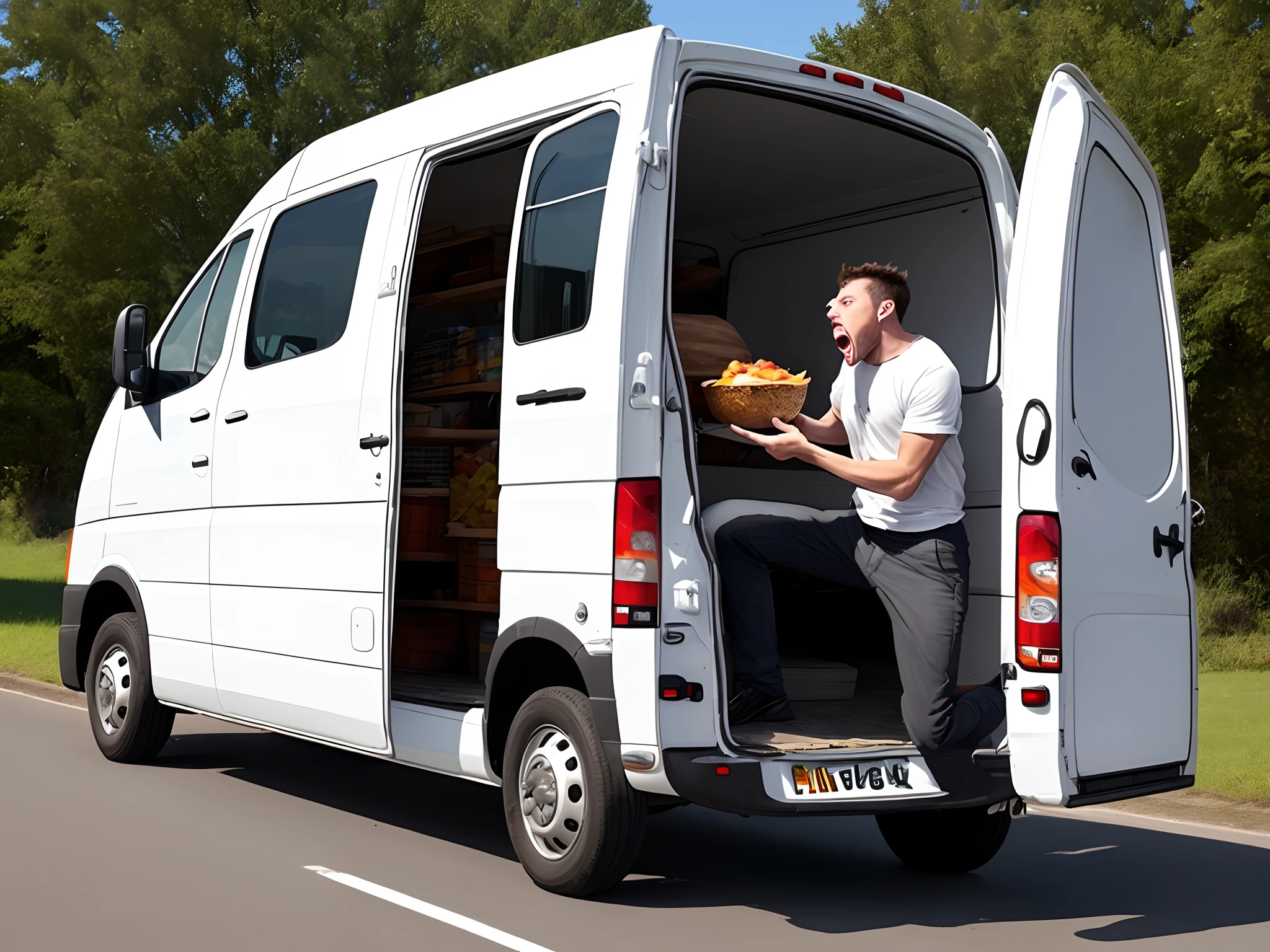 Guy unhinging jaw to eat a white van whole