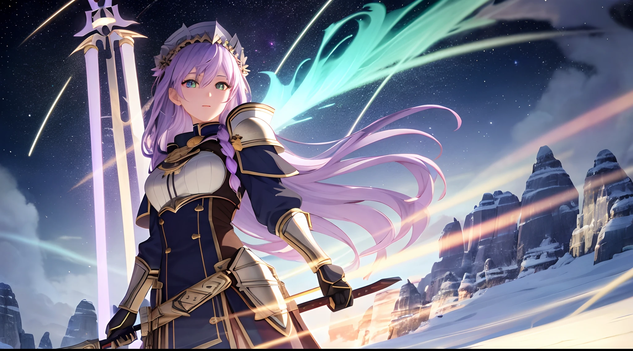 Athena with plain long light purple hair,hair between eyes,green eyes,rosy cheeks,full lips,thin eyebrows,slender body,wearing knight armor and full long skirt,cute anime girl,full body,desert night sky nebulae in background,anime style,Lumen Reflections,Screen Space Reflections,Diffraction Grading,Chromatic Aberration,GB Displacement,Scan Lines,Ray Traced,Anti-Aliasing,FXAA,TXAA,RTX,SSAO,Shaders,OpenGL-Shaders, GLSL-Shaders,Post Processing,Post-Production,cell Shading,Tone Mapping,CGI,VFX,SFX,insanely detailed and intricate, 4K,standing, solo, masterpiece, best quality, detailed face, detailed eyes, highres, standing, solo,masterpiece, best quality